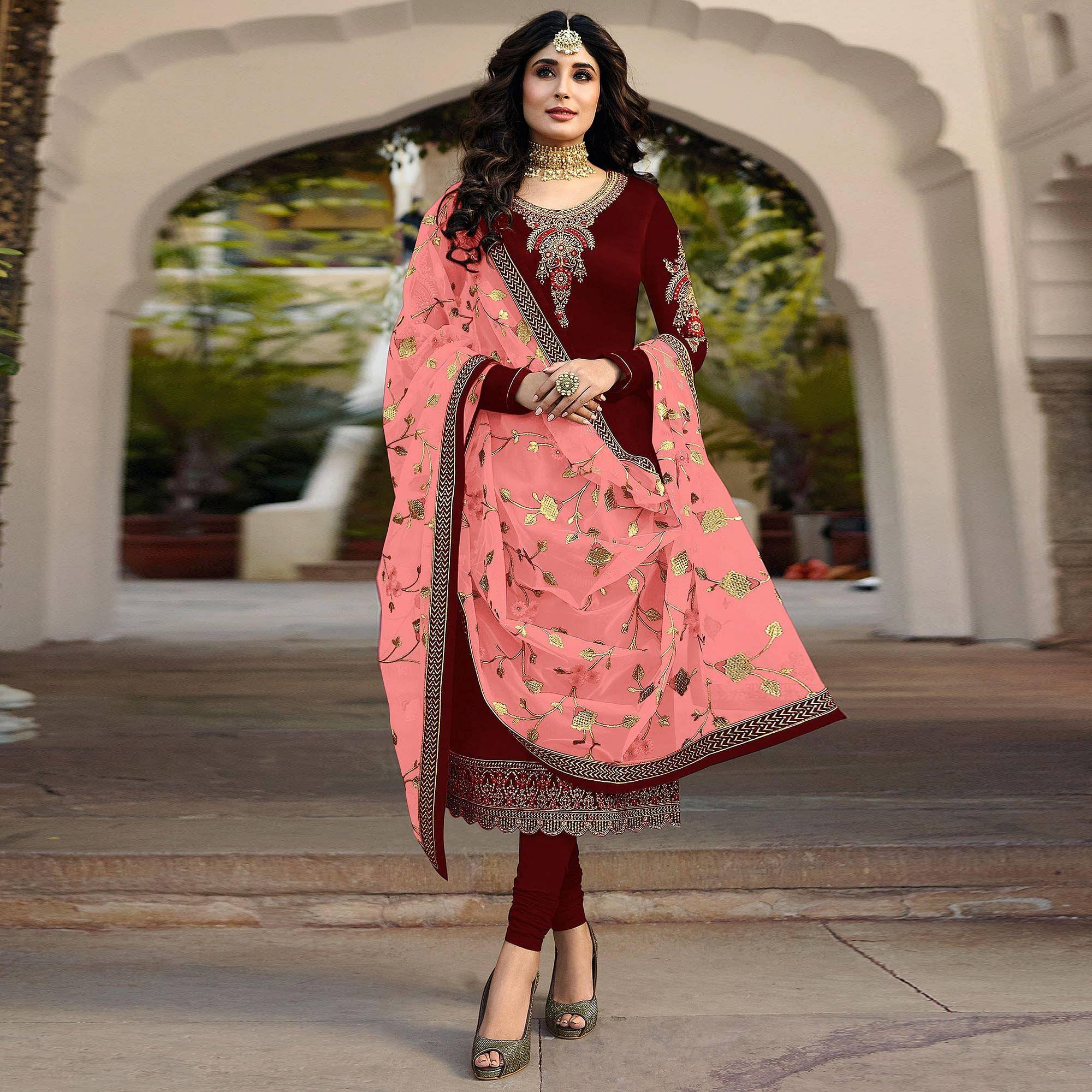 Maroon Embroidered Georgette Partywear Suit - Peachmode