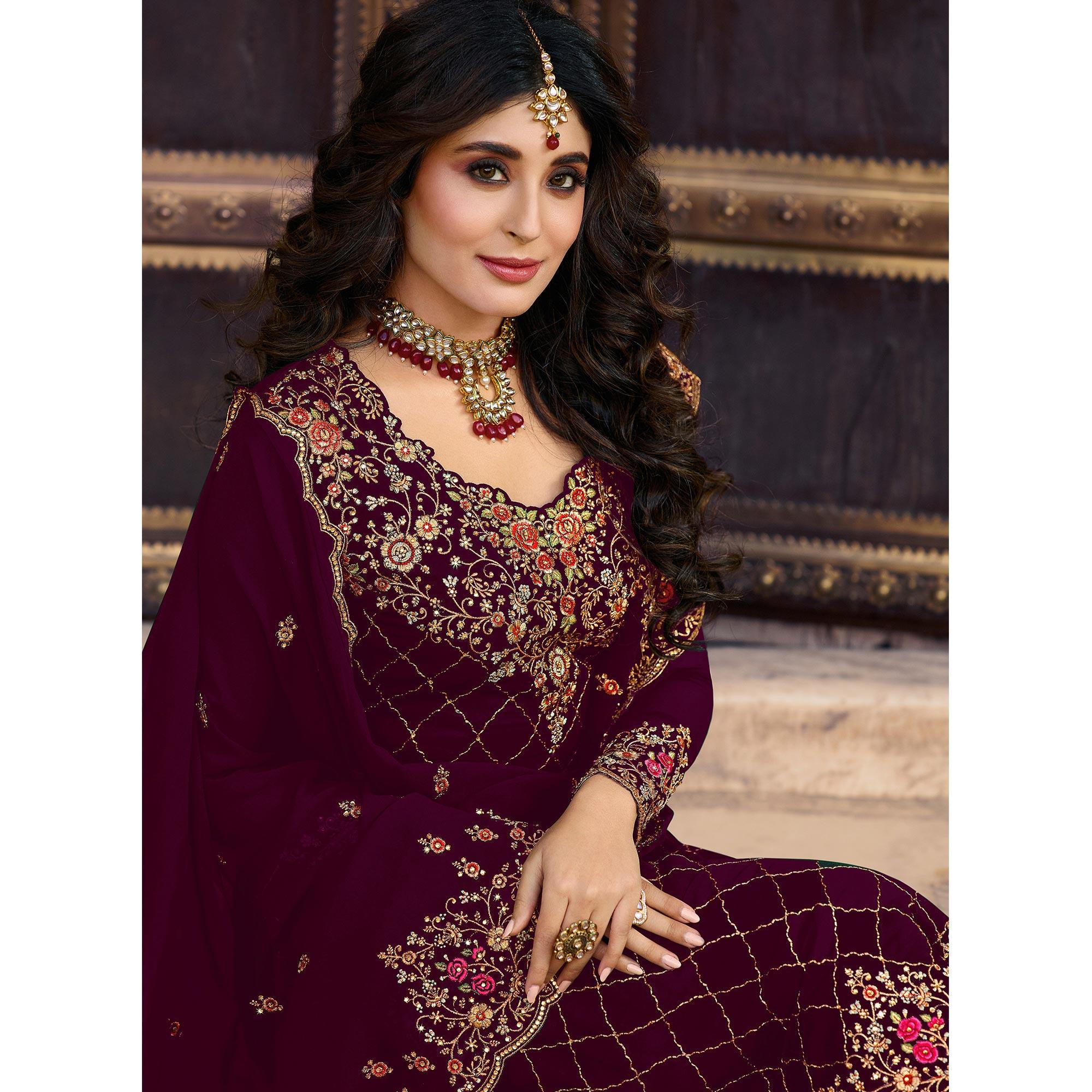 Maroon Embroidered Georgette Partywear Suit - Peachmode