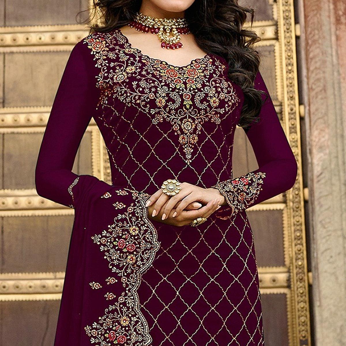Maroon Embroidered Georgette Partywear Suit - Peachmode