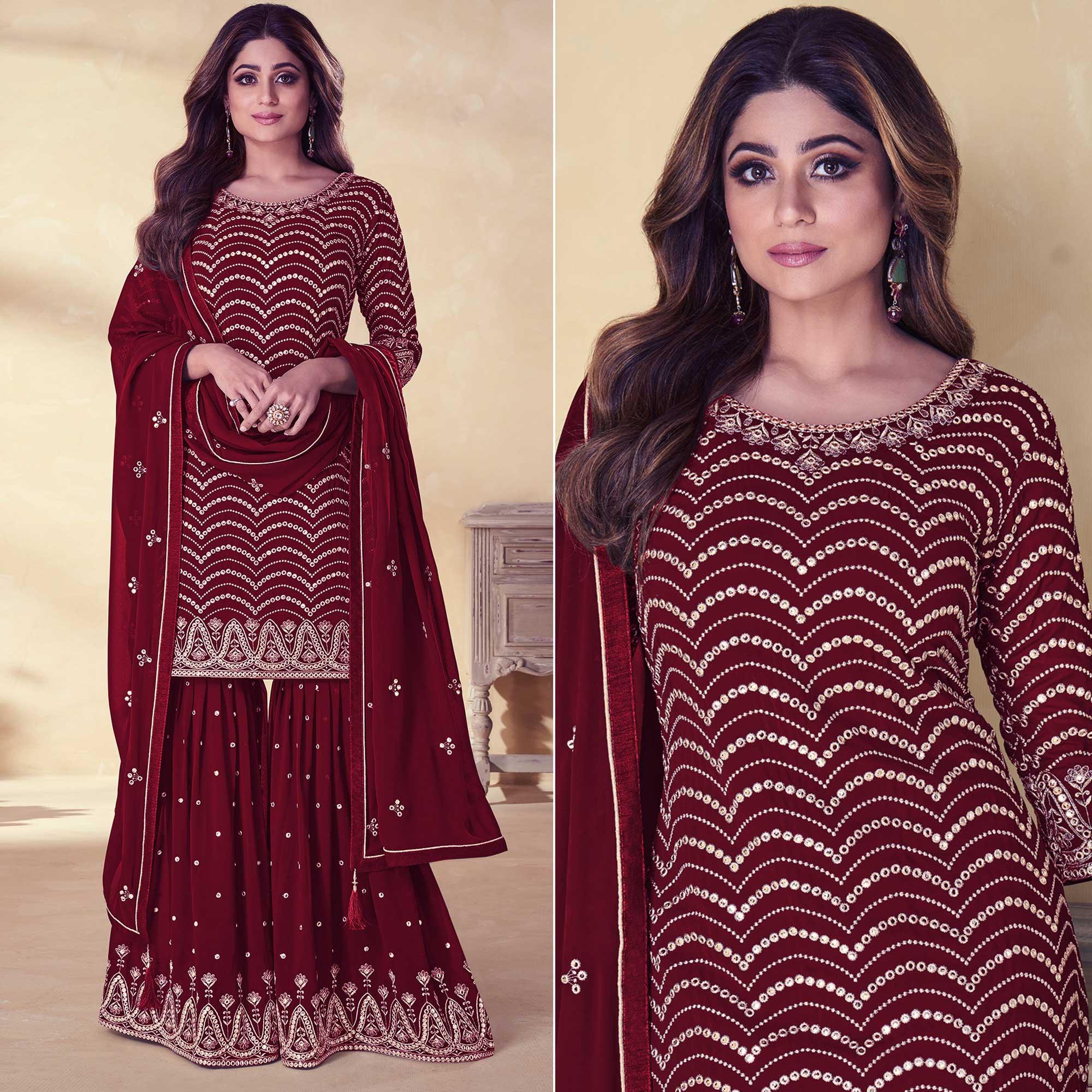 Maroon Embroidered Georgette Sharara Suit - Peachmode