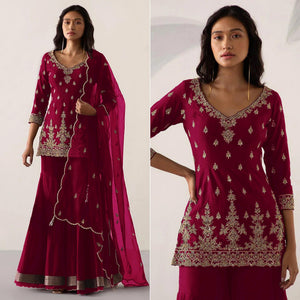 Maroon Embroidered Georgette Sharara Suit - Peachmode