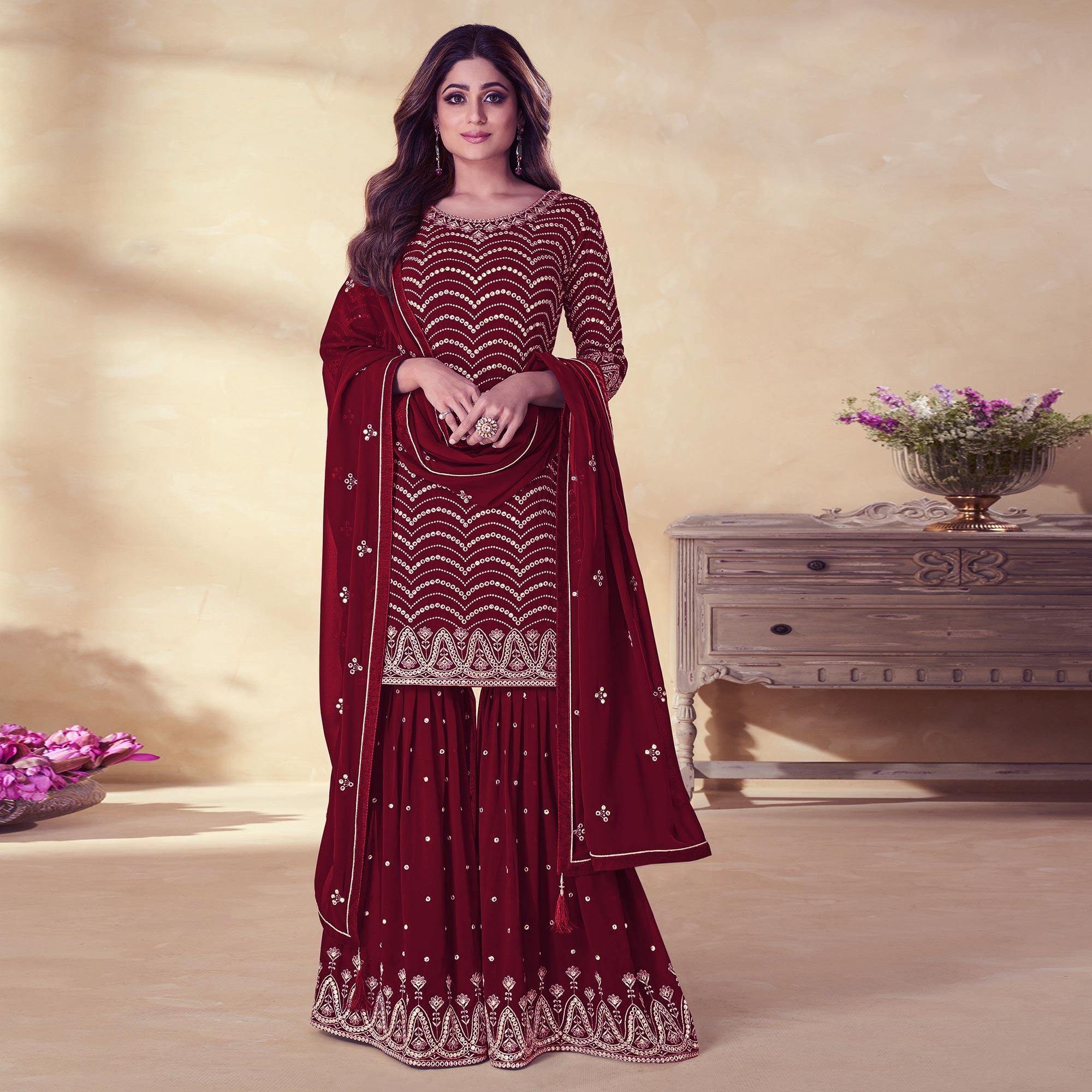 Maroon Embroidered Georgette Sharara Suit - Peachmode