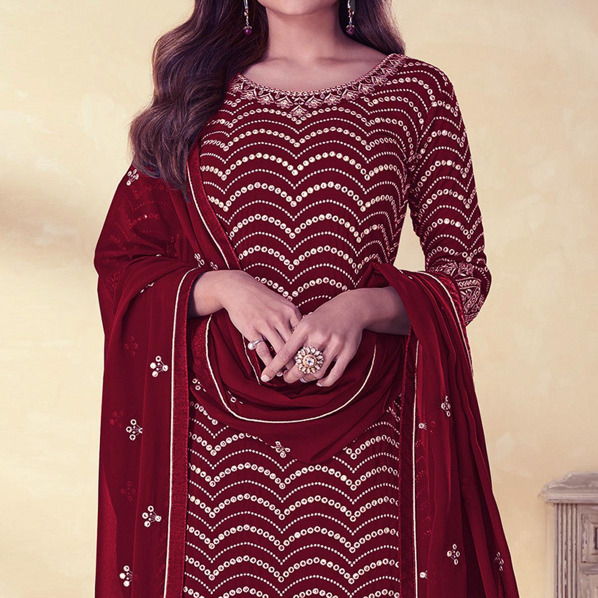 Maroon Embroidered Georgette Sharara Suit - Peachmode