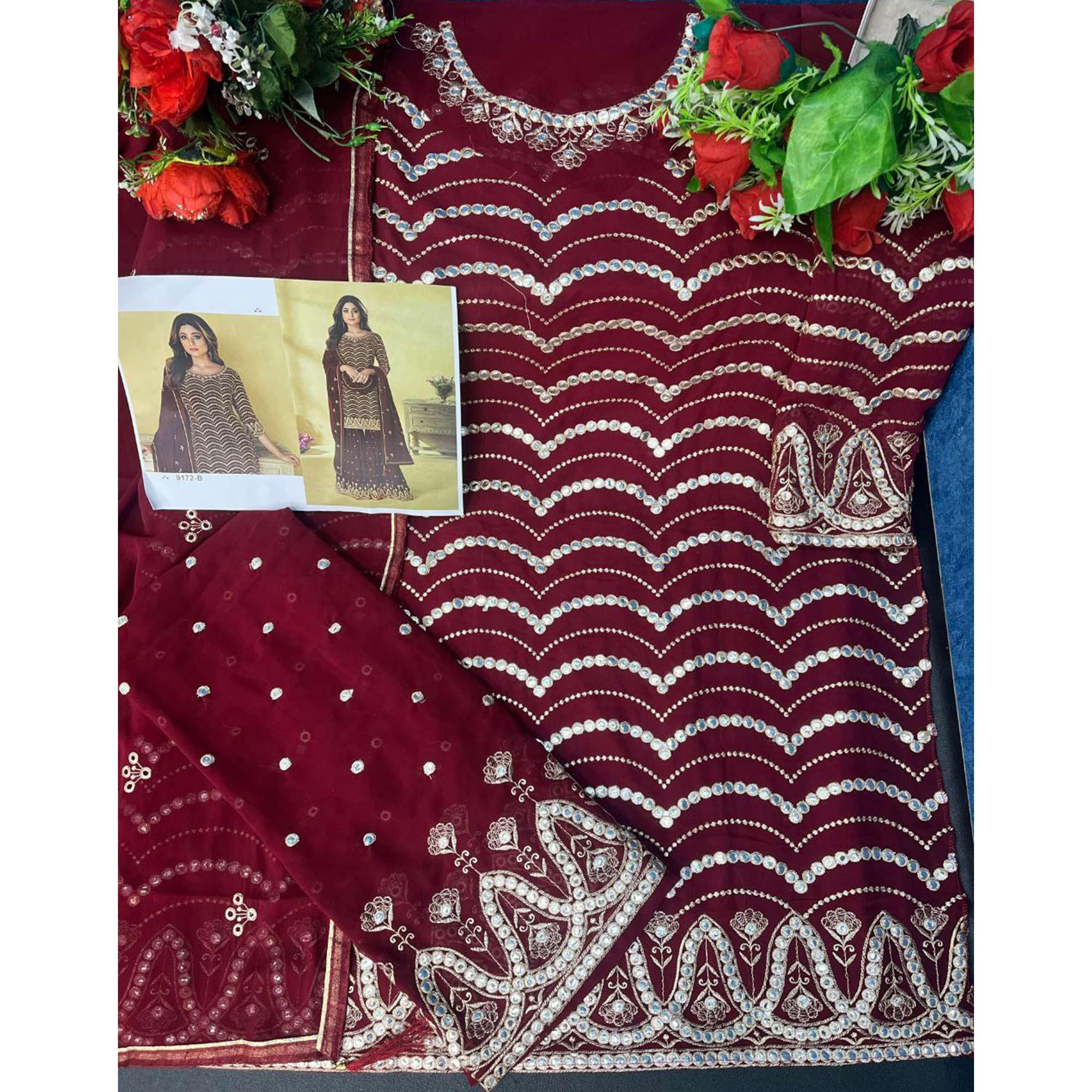Maroon Embroidered Georgette Sharara Suit - Peachmode