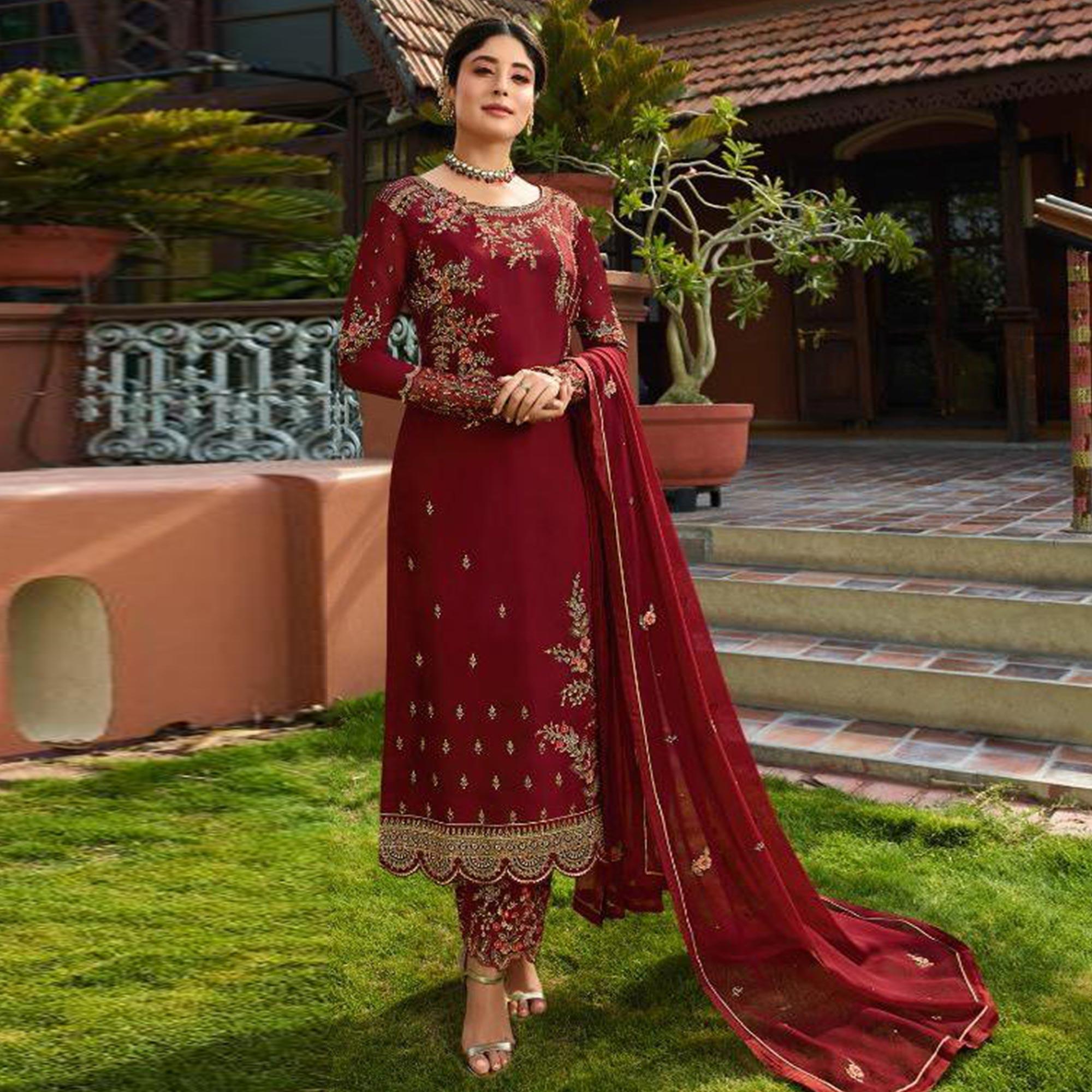 Maroon Embroidered Gerorgette Straight Partywear Suit - Peachmode