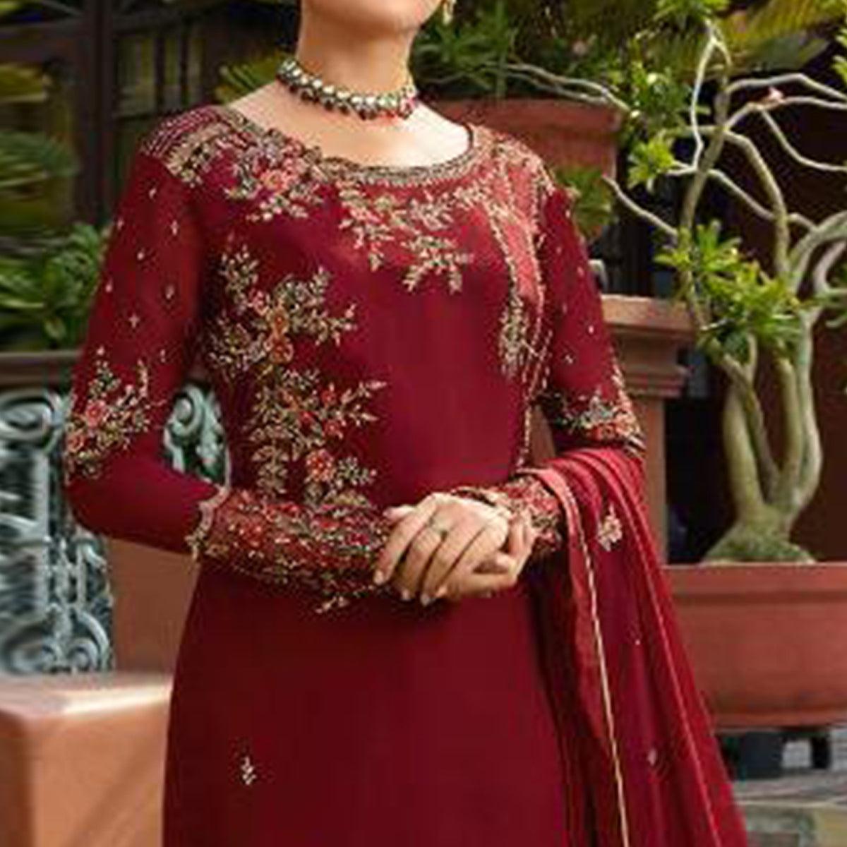 Maroon Embroidered Gerorgette Straight Partywear Suit - Peachmode