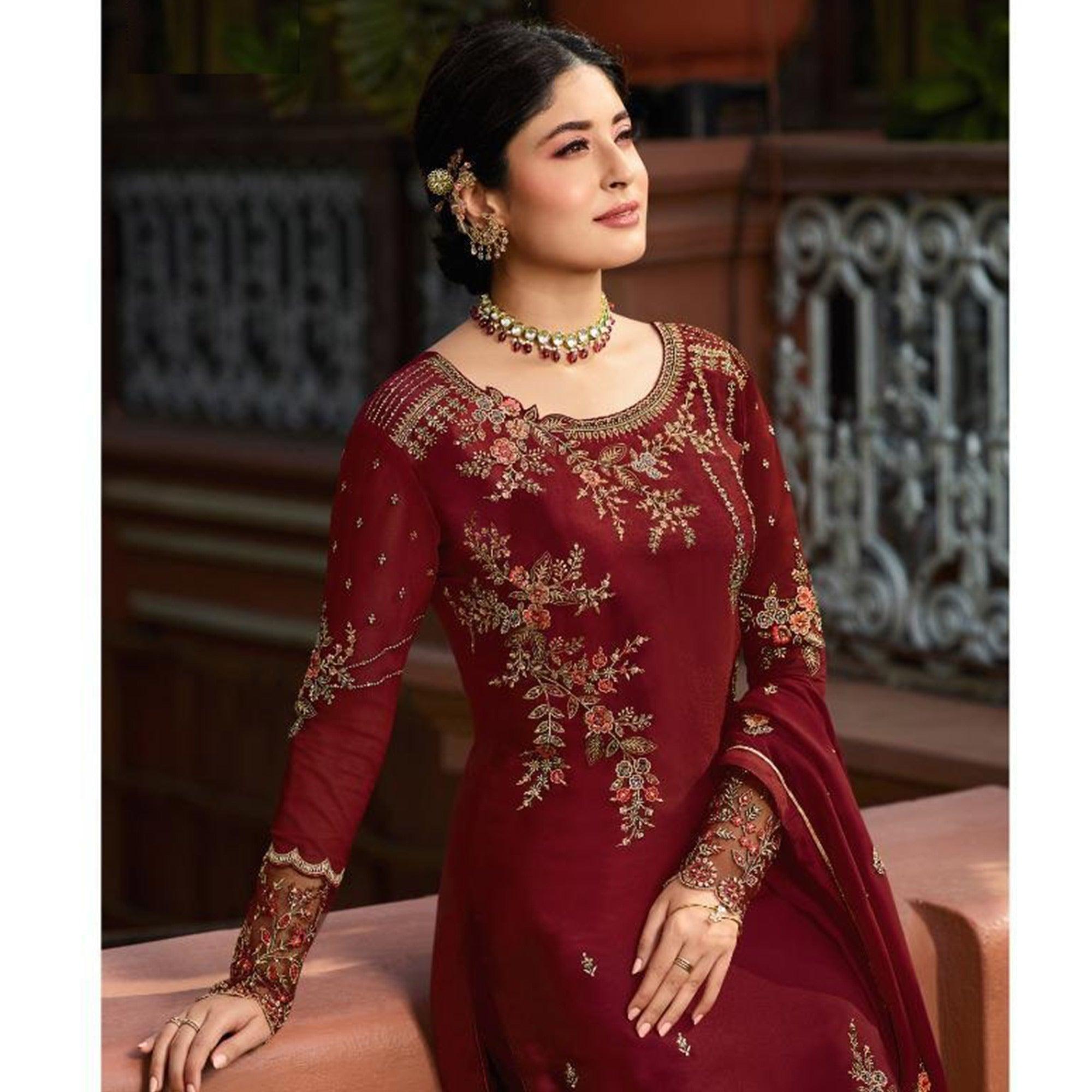 Maroon Embroidered Gerorgette Straight Partywear Suit - Peachmode