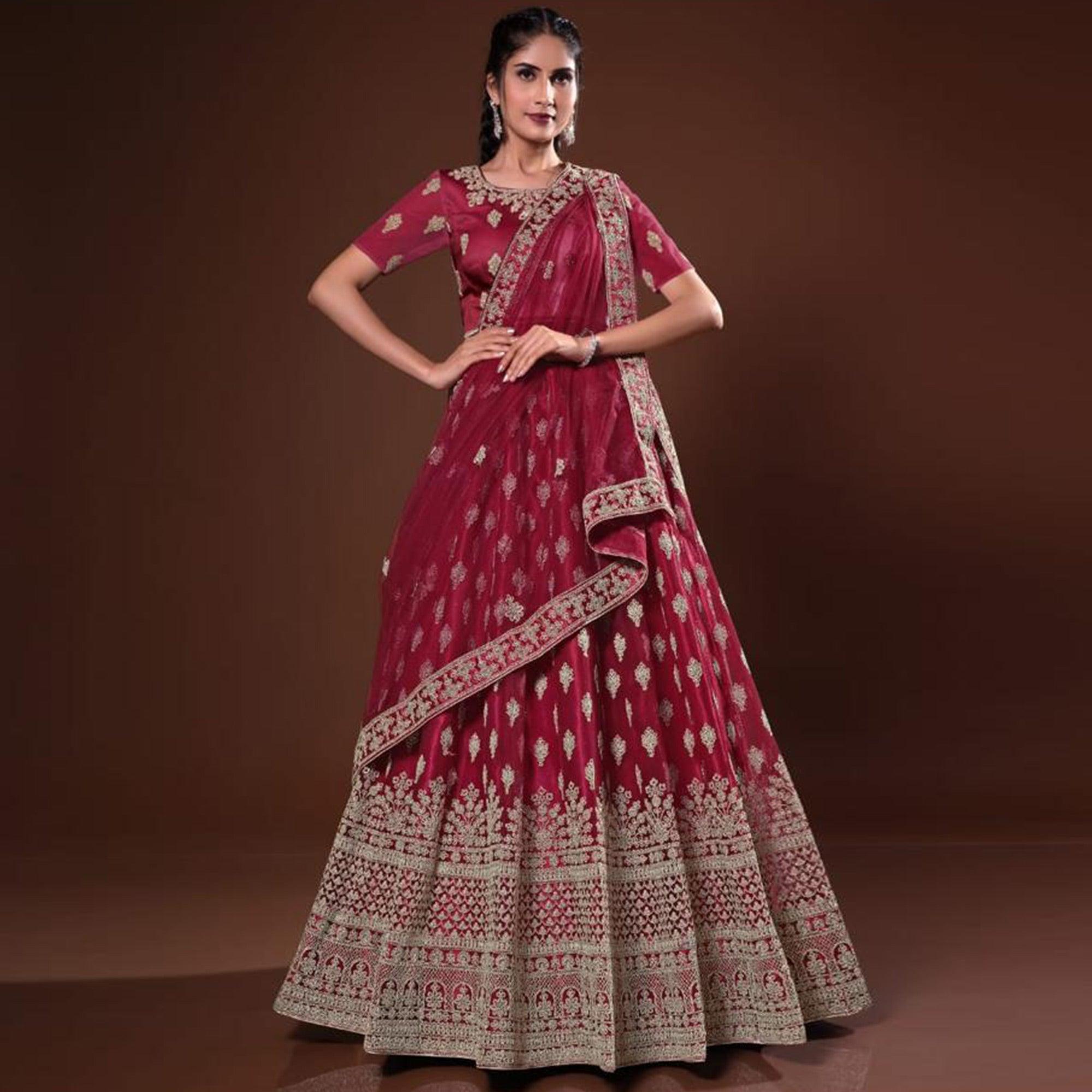 Maroon Embroidered Net Lehenga Choli - Peachmode