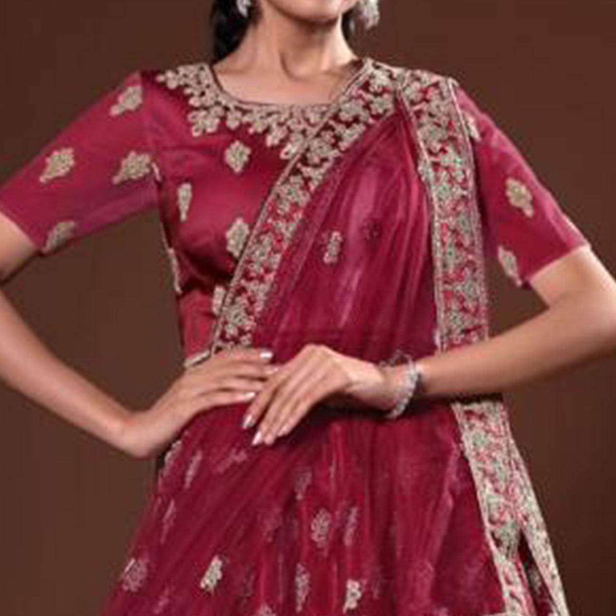 Maroon Embroidered Net Lehenga Choli - Peachmode