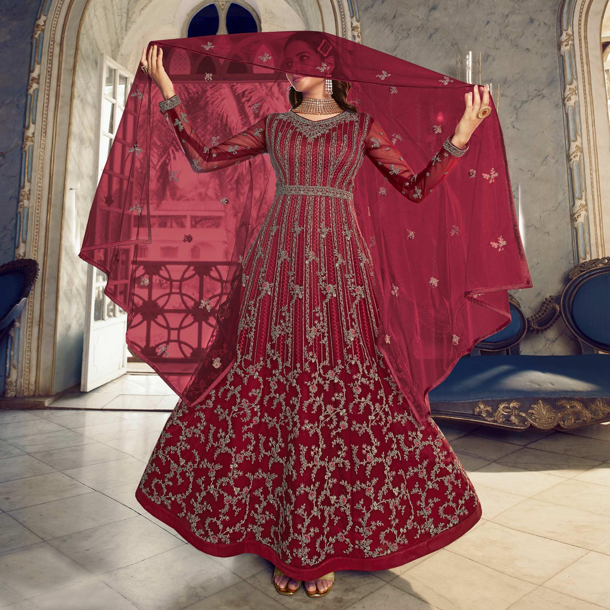 Maroon Embroidered Netted Anarkali Style Gown - Peachmode