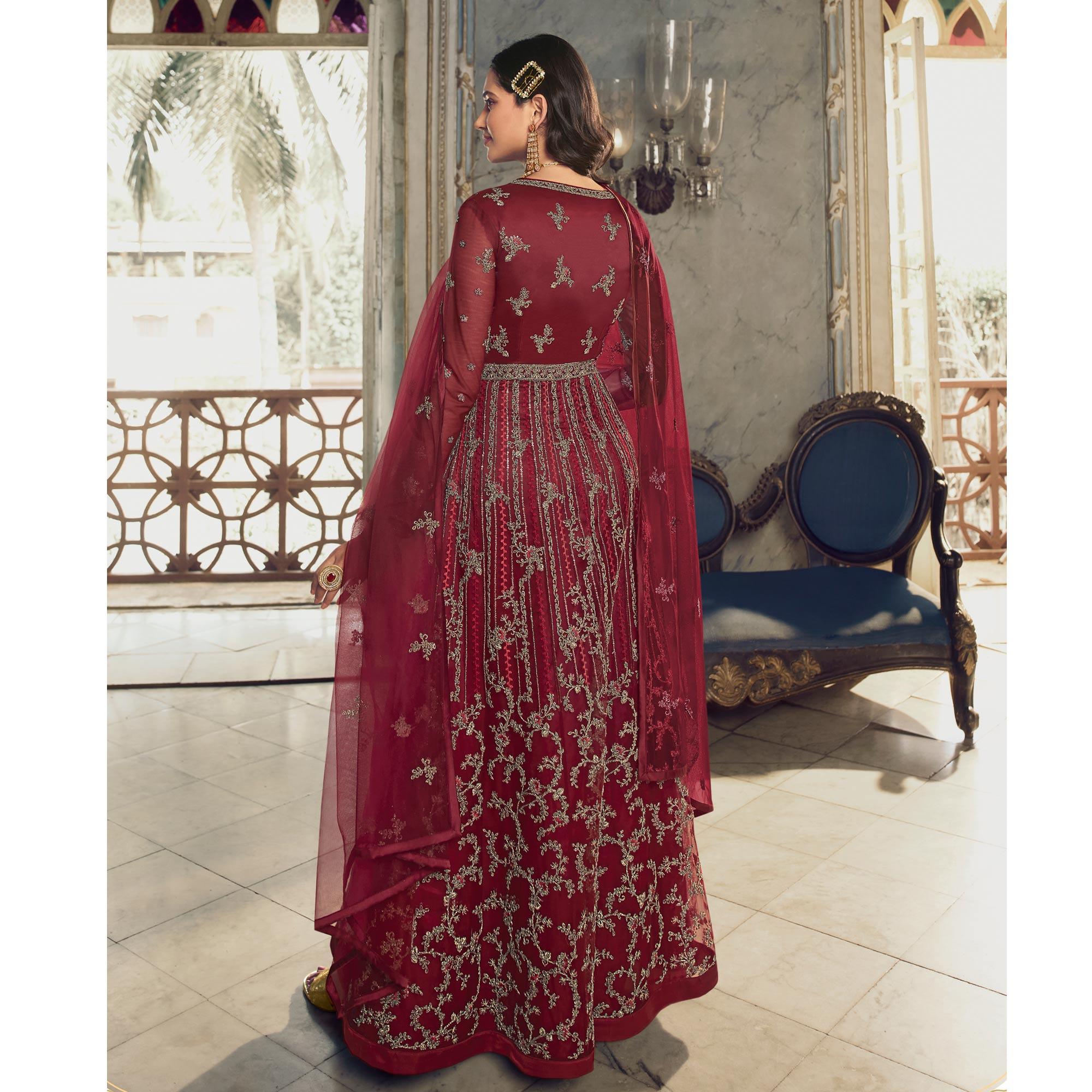 Maroon Embroidered Netted Anarkali Style Gown - Peachmode