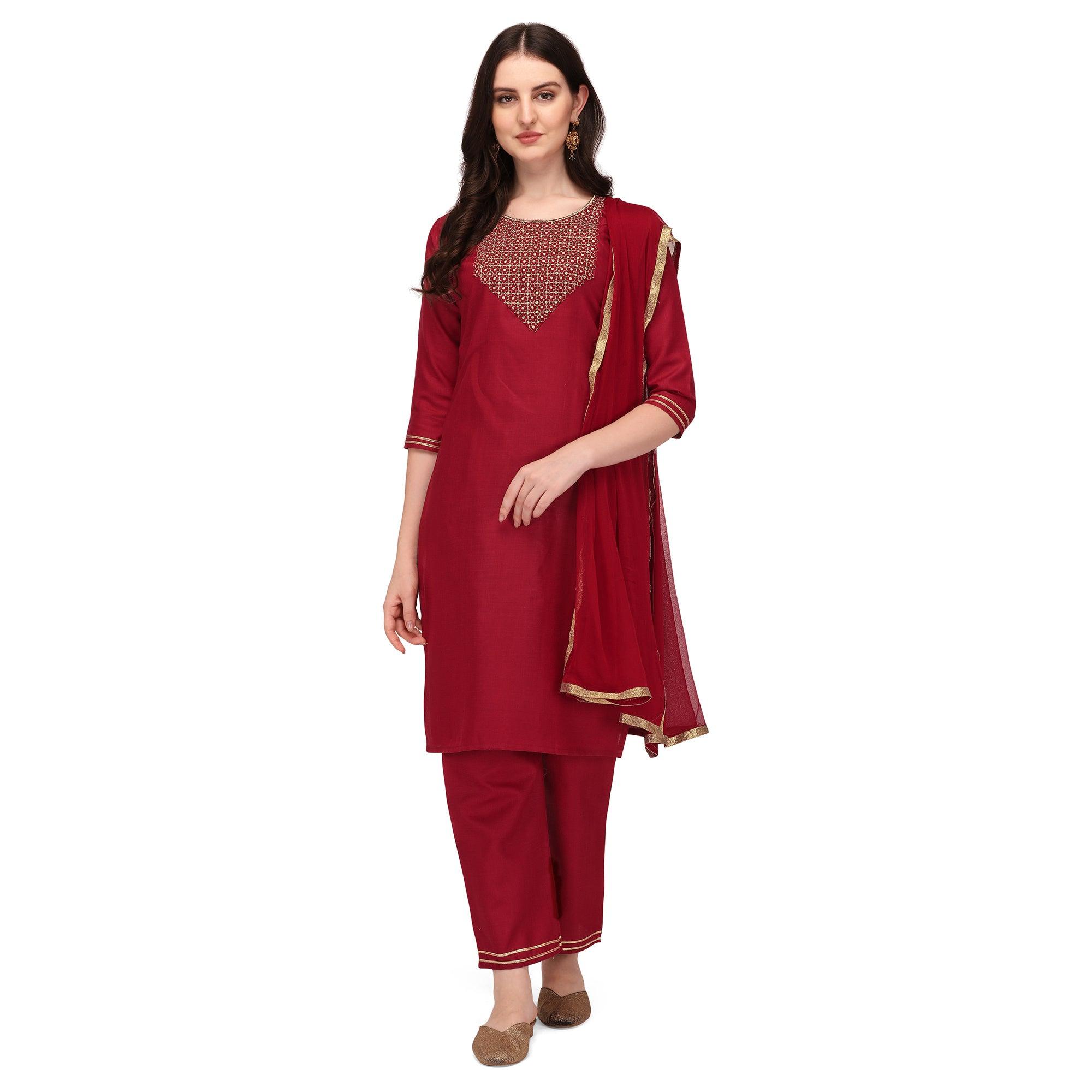 Maroon Embroidered Poly Cotton Kurti Pant Set With Dupatta - Peachmode
