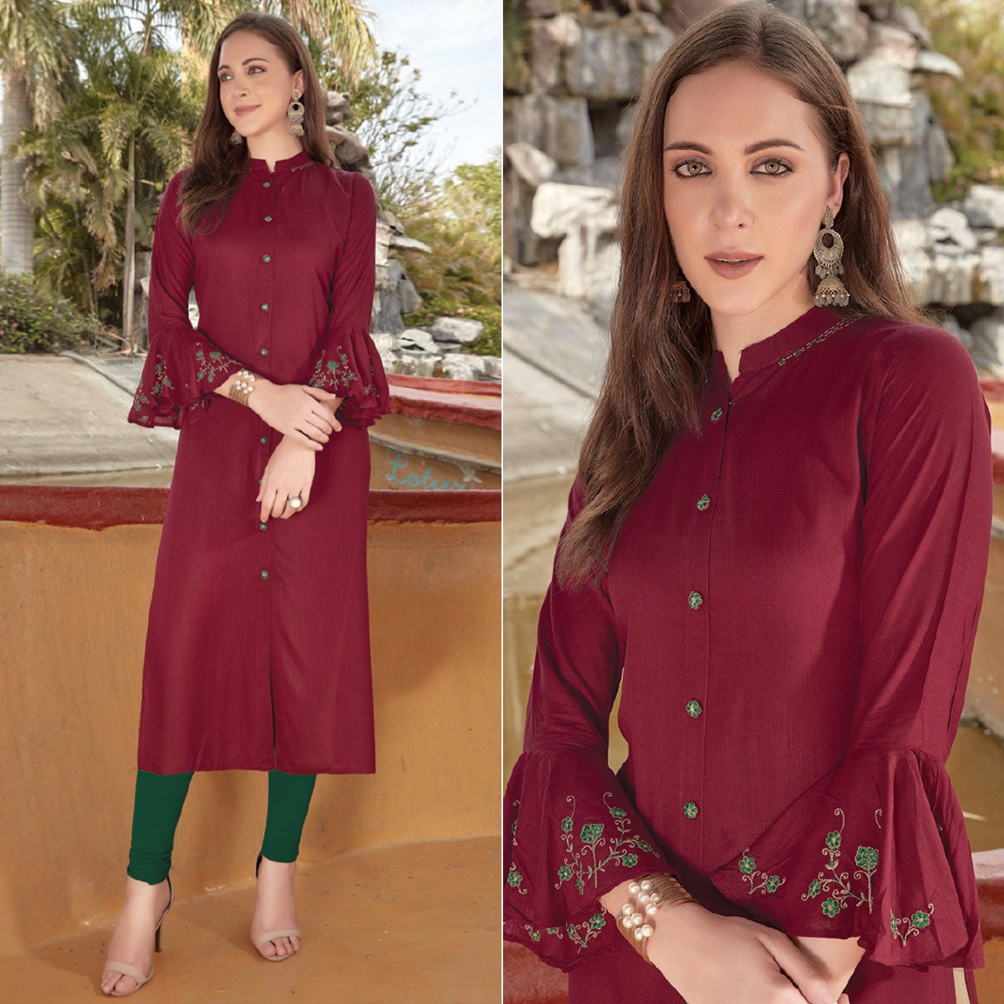 Maroon Embroidered Poly Cotton Kurti - Peachmode
