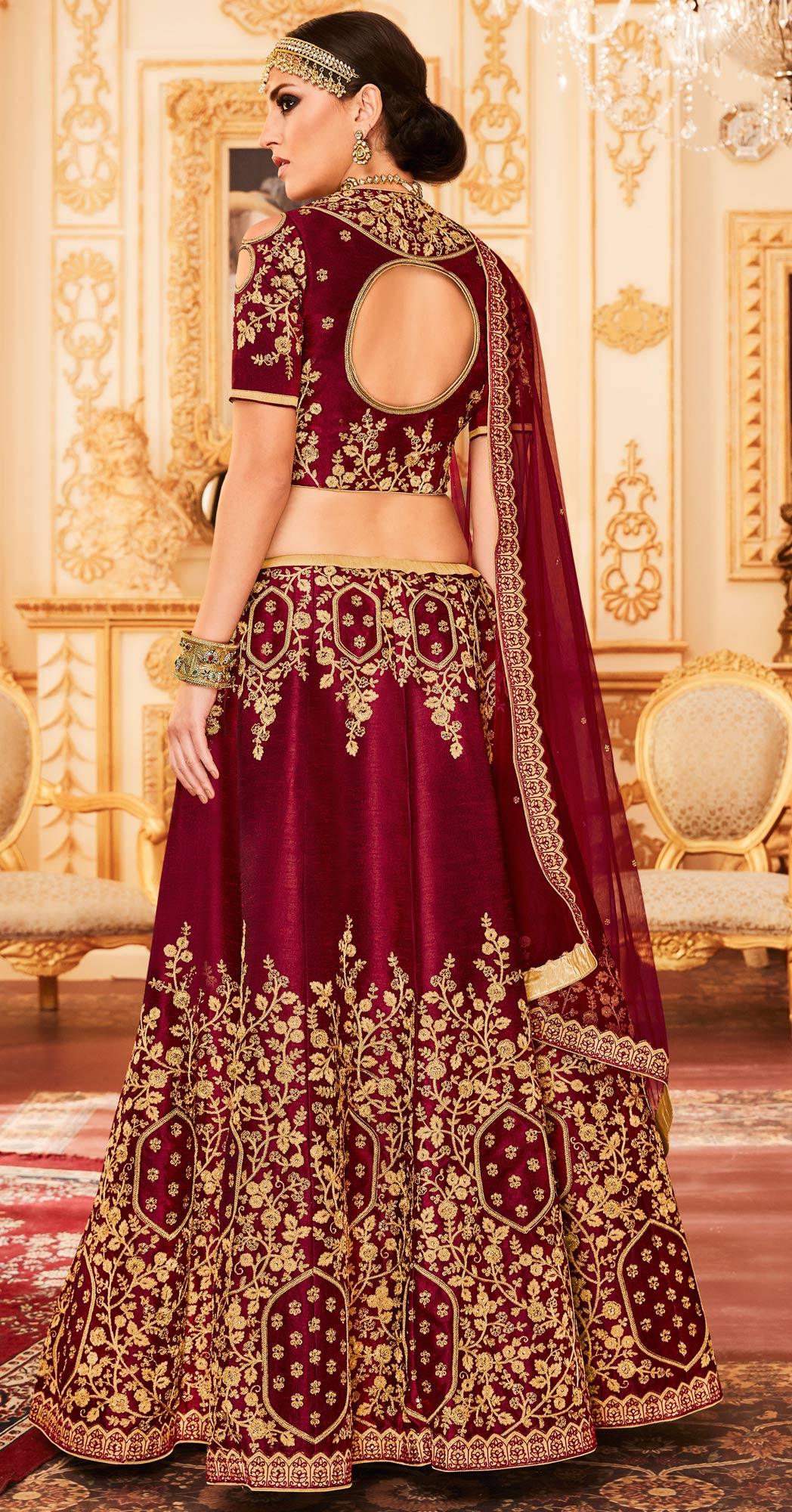 Maroon Embroidered Raw Silk Lehenga Choli - Peachmode