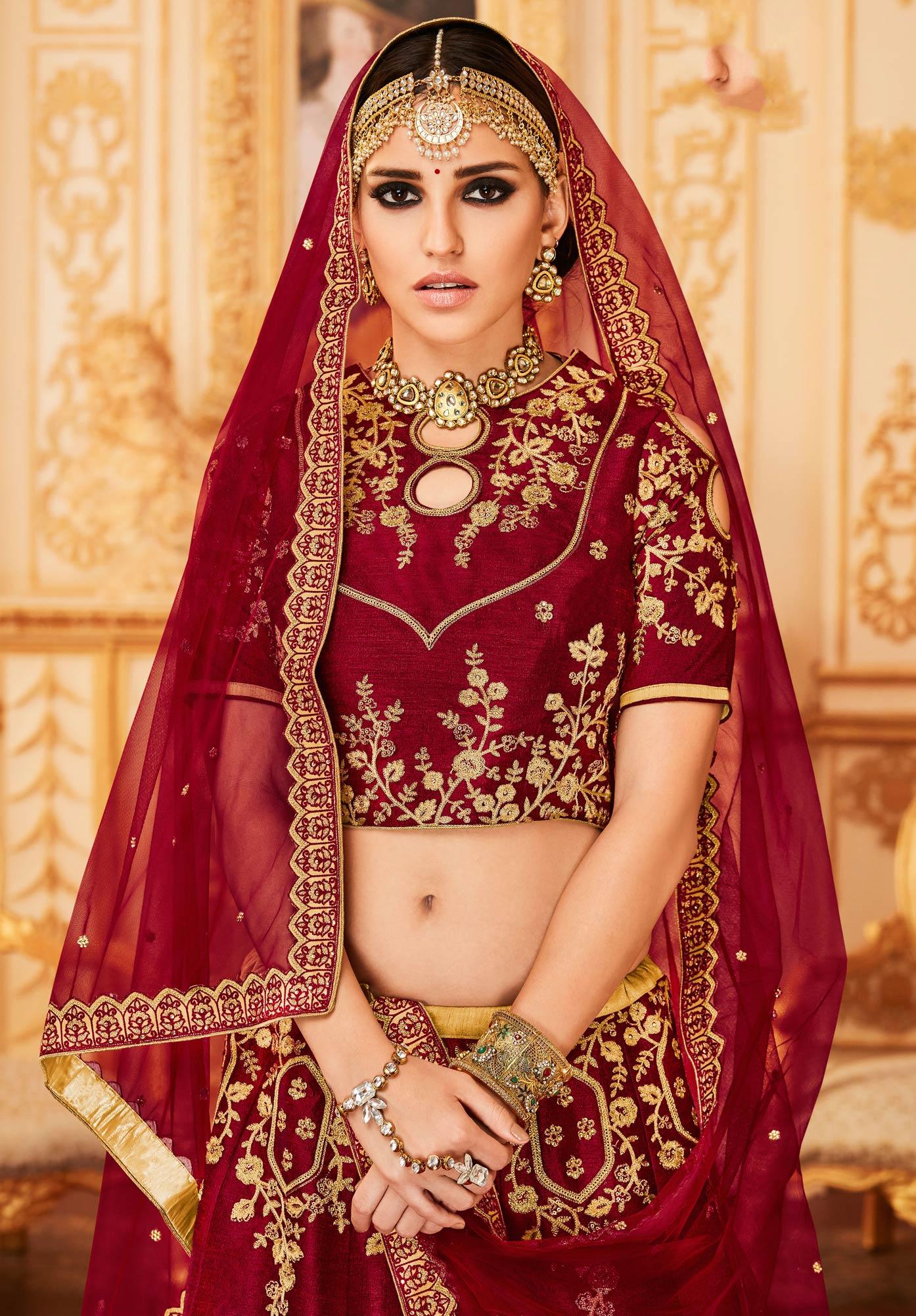 Maroon Embroidered Raw Silk Lehenga Choli - Peachmode