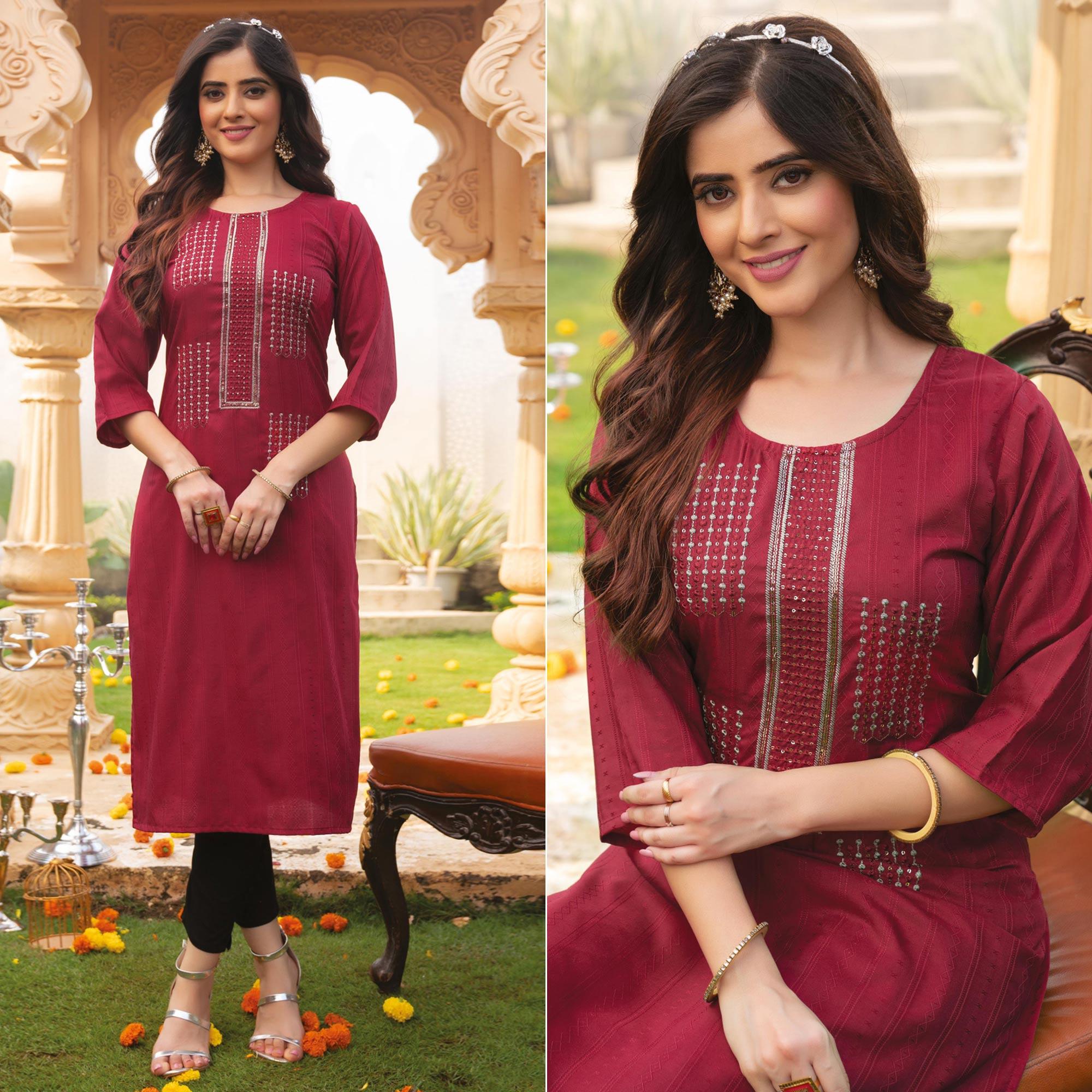 Maroon Embroidered Rayon Kurti - Peachmode