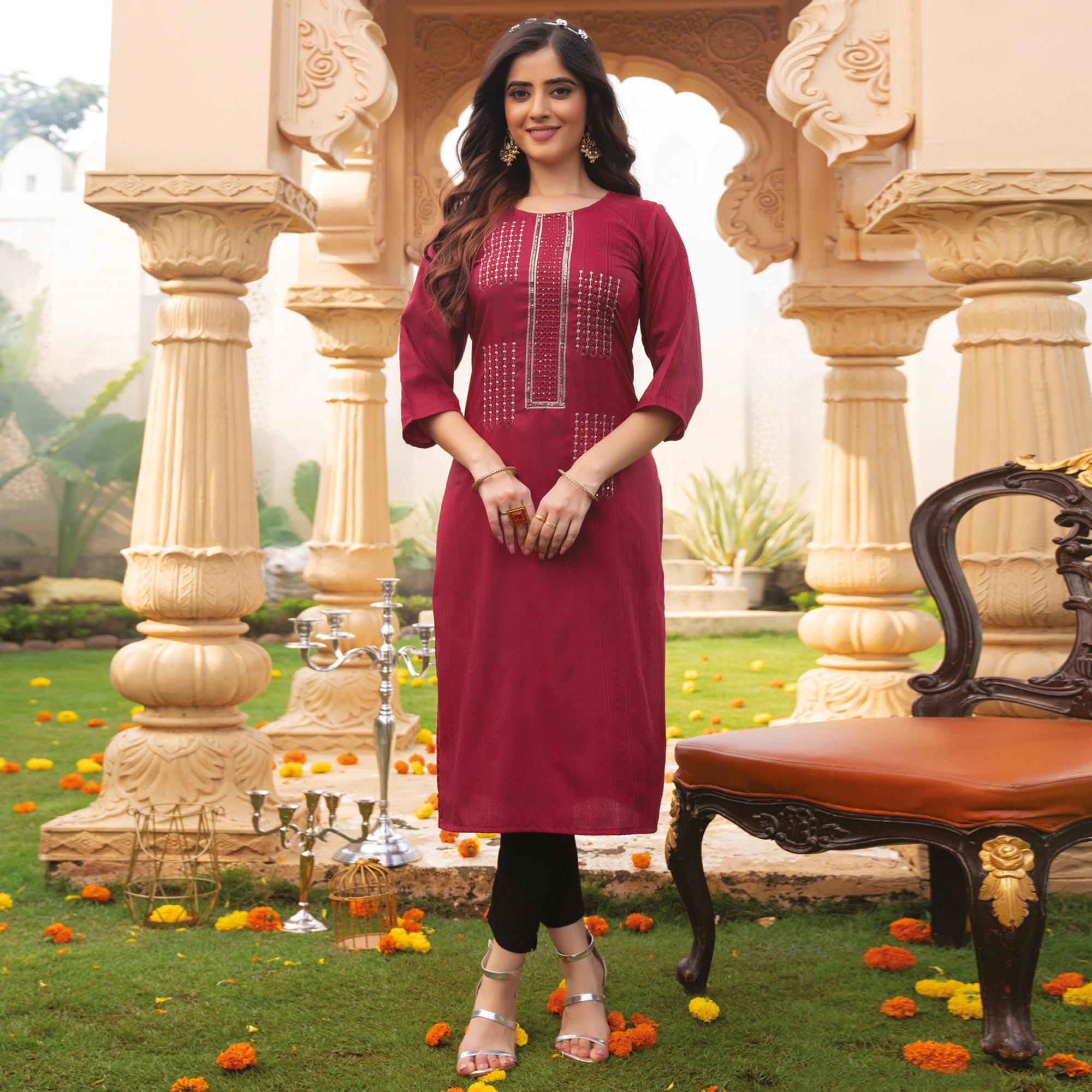 Maroon Embroidered Rayon Kurti - Peachmode