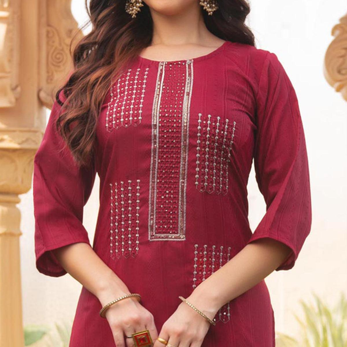 Maroon Embroidered Rayon Kurti - Peachmode