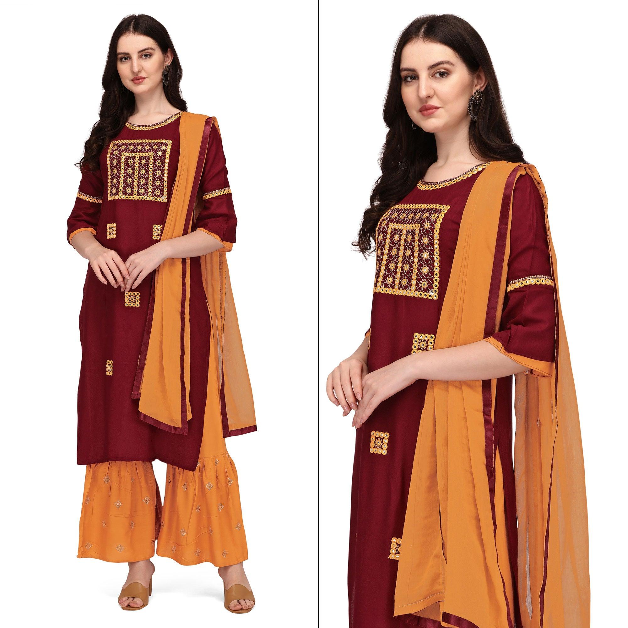 Maroon Embroidered Rayon Palazzo Suit - Peachmode