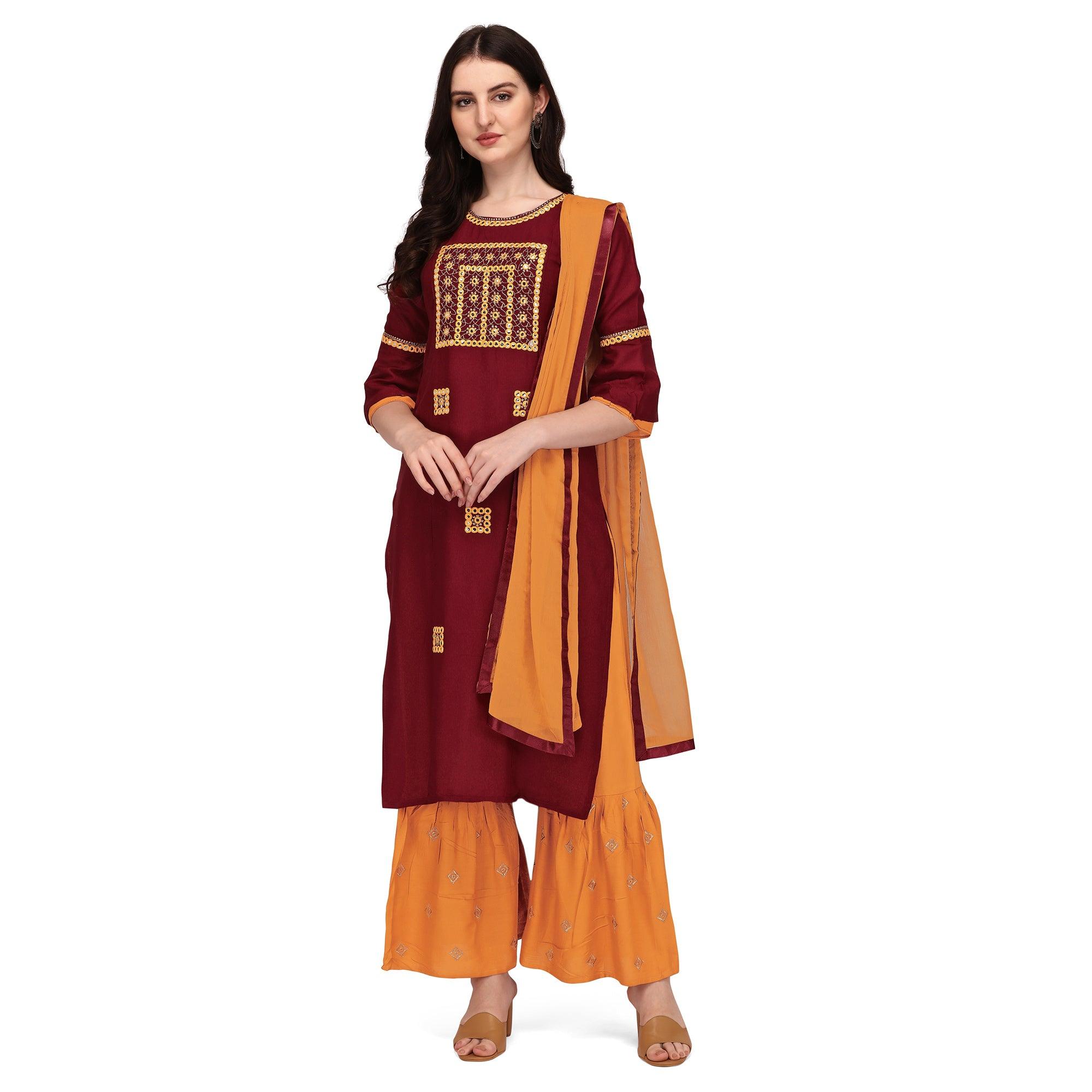 Maroon Embroidered Rayon Palazzo Suit - Peachmode