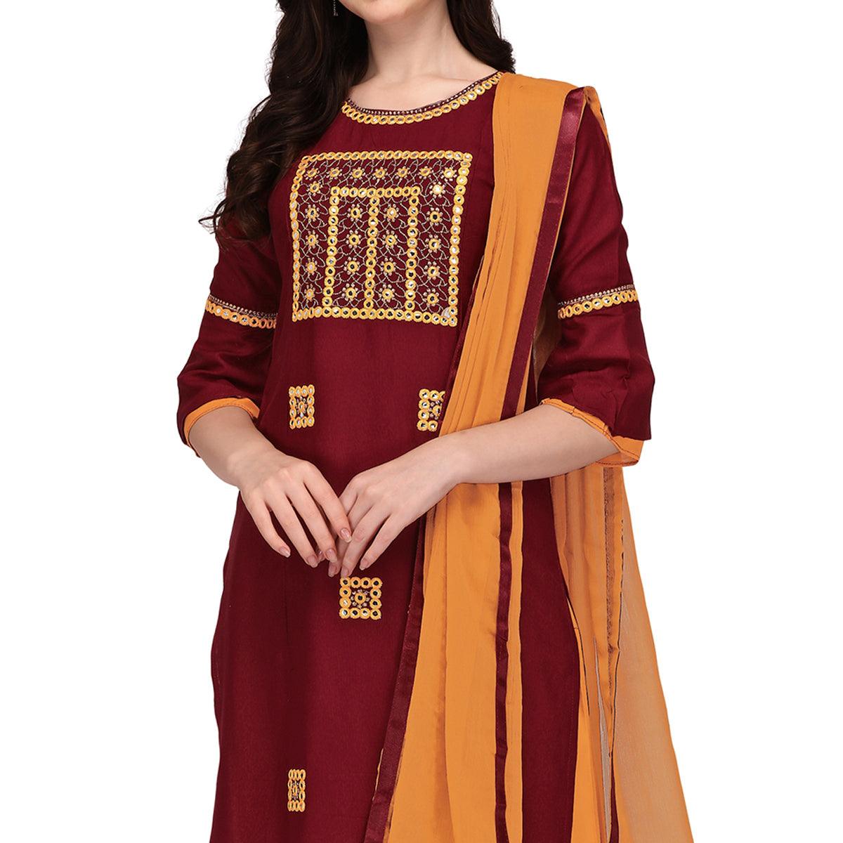 Maroon Embroidered Rayon Palazzo Suit - Peachmode