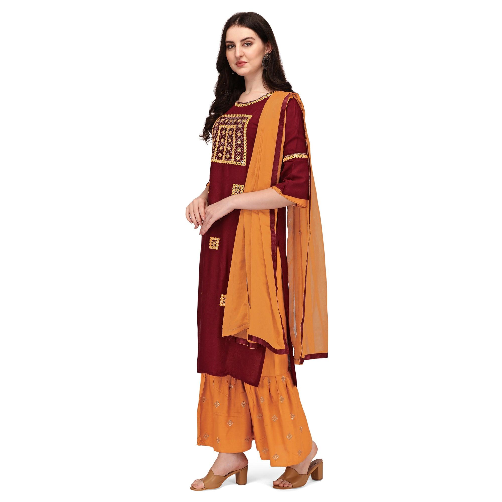 Maroon Embroidered Rayon Palazzo Suit - Peachmode