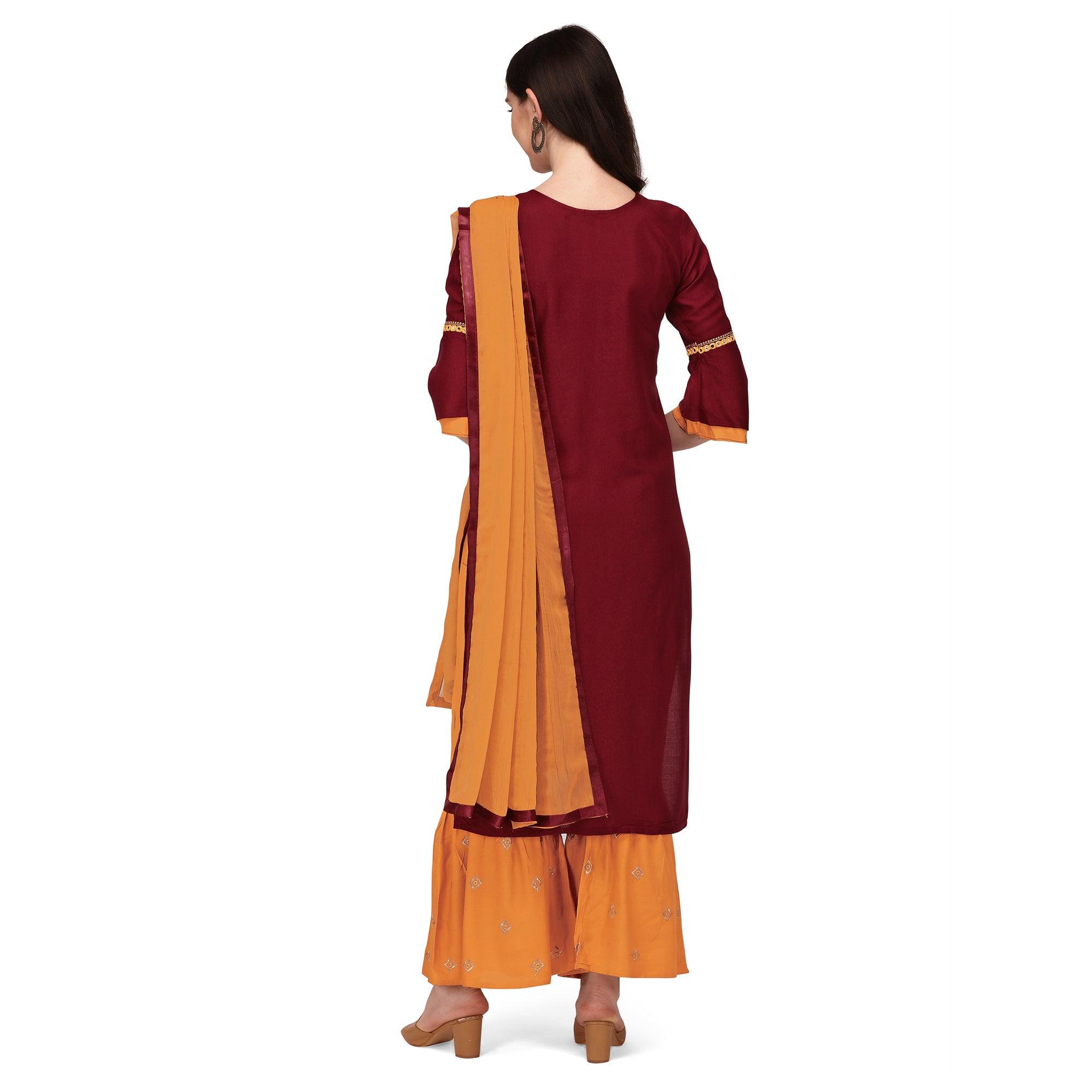 Maroon Embroidered Rayon Palazzo Suit - Peachmode