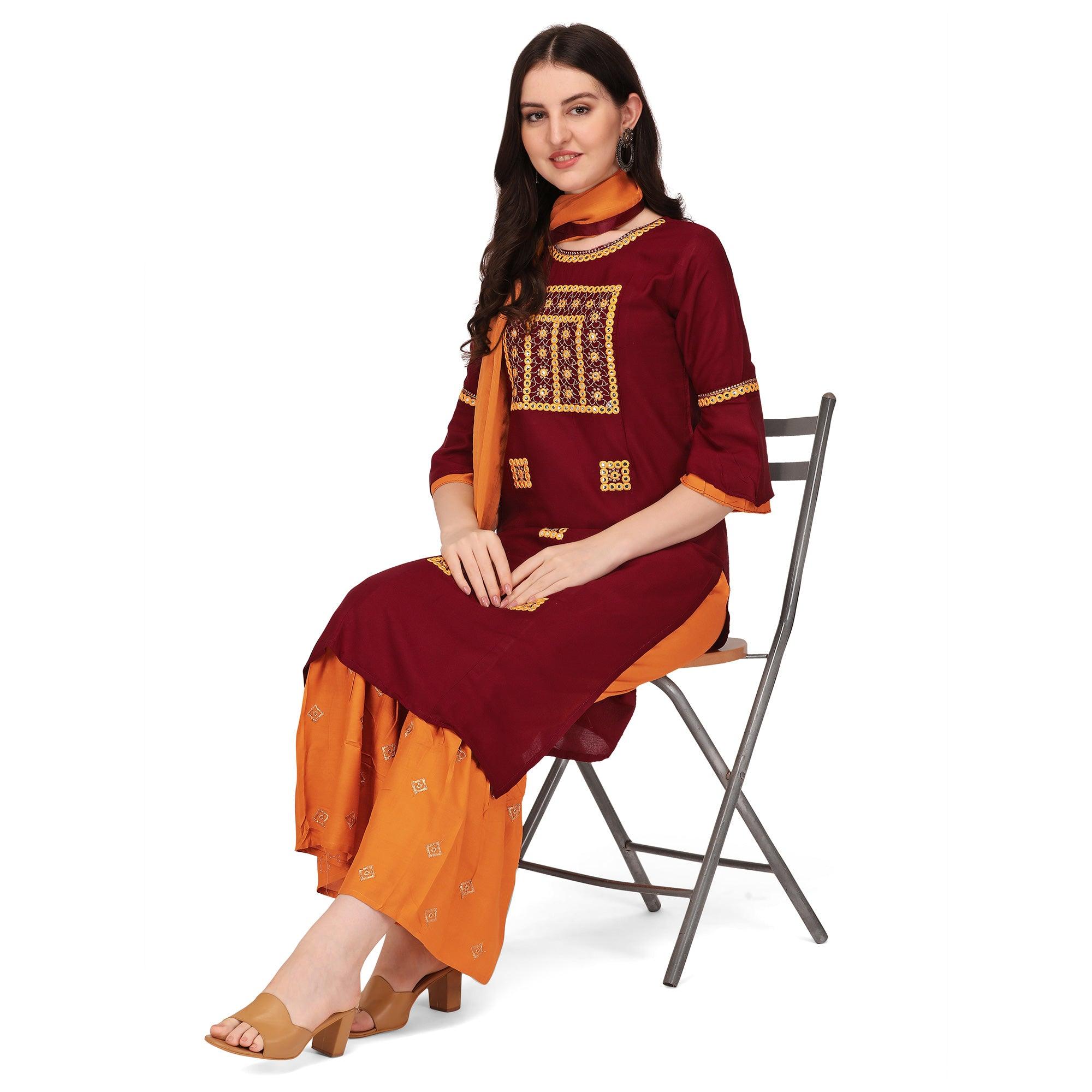 Maroon Embroidered Rayon Palazzo Suit - Peachmode