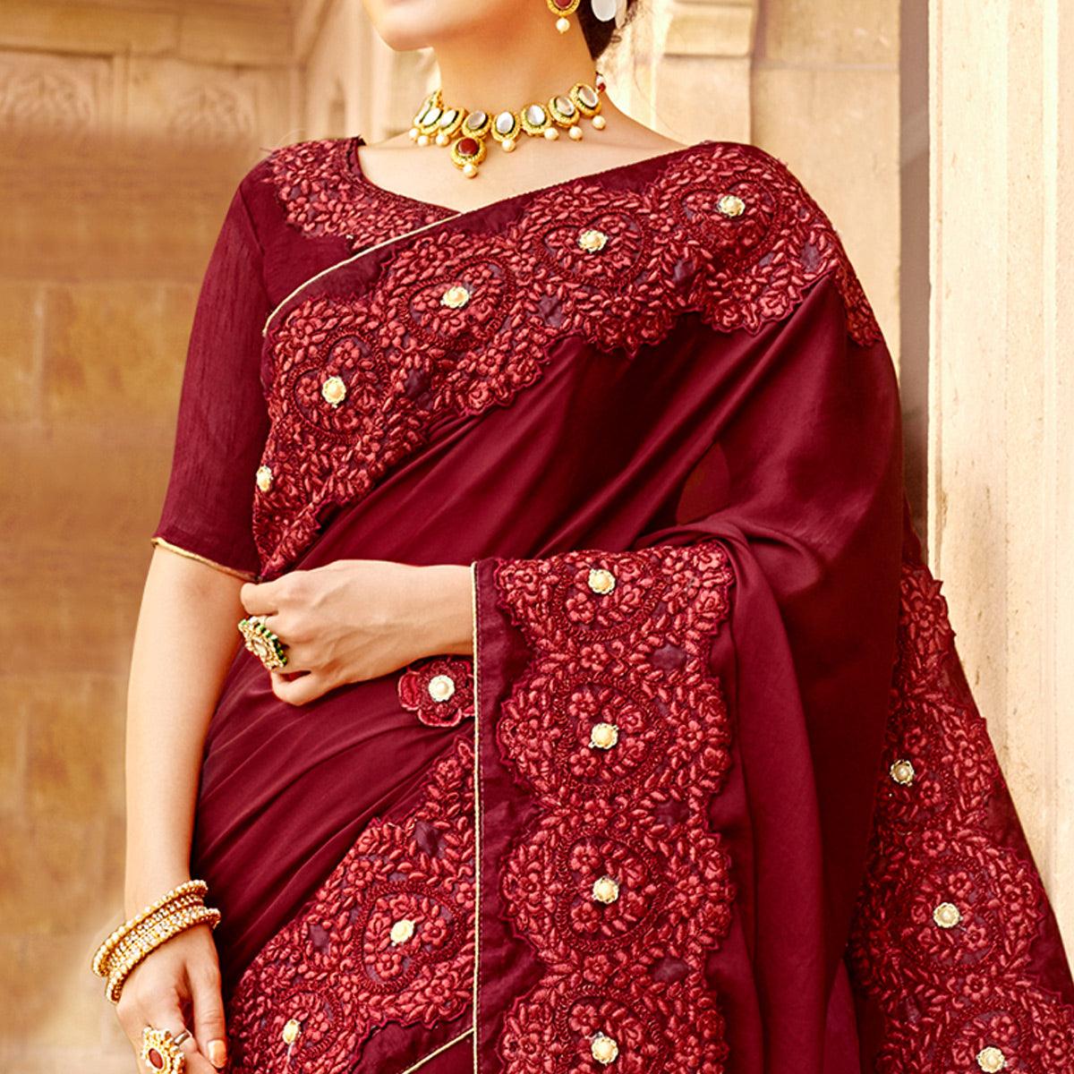 Maroon Embroidered Satin Saree - Peachmode