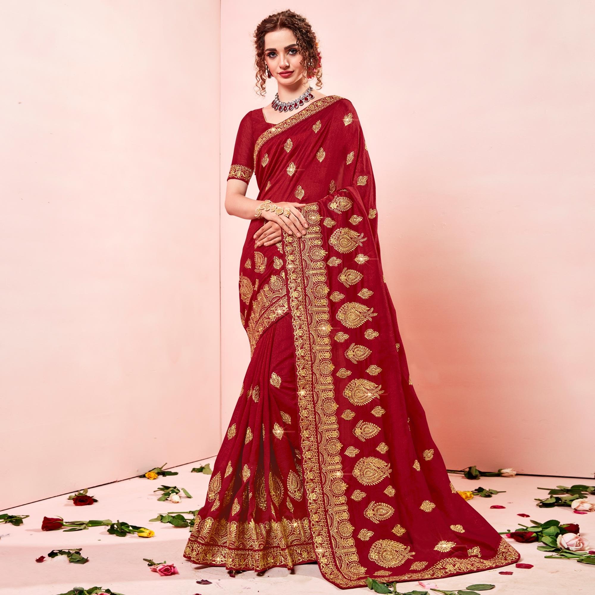 Maroon Embroidered Vichitra Silk Saree - Peachmode