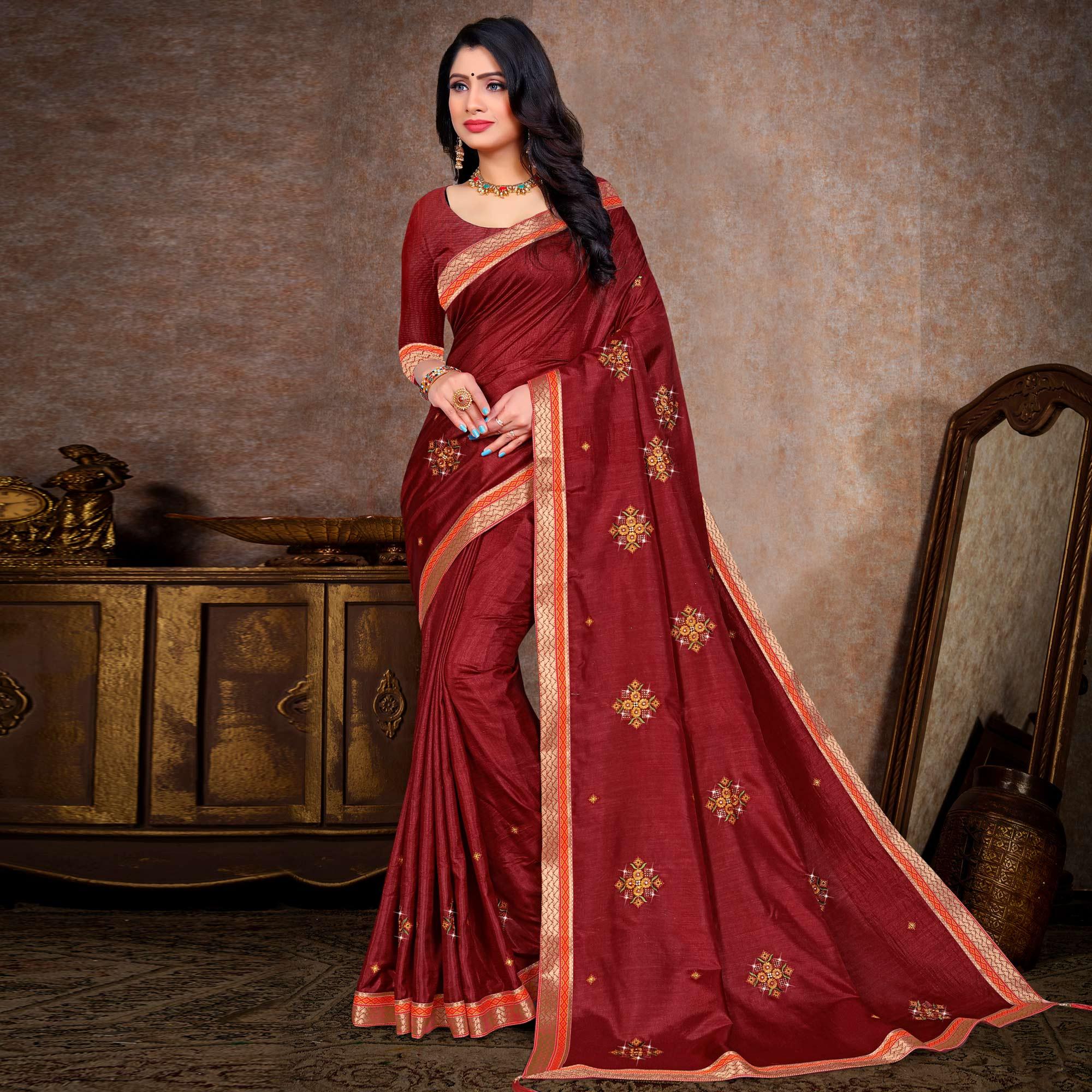 Maroon Embroidered Vichitra Silk Saree - Peachmode