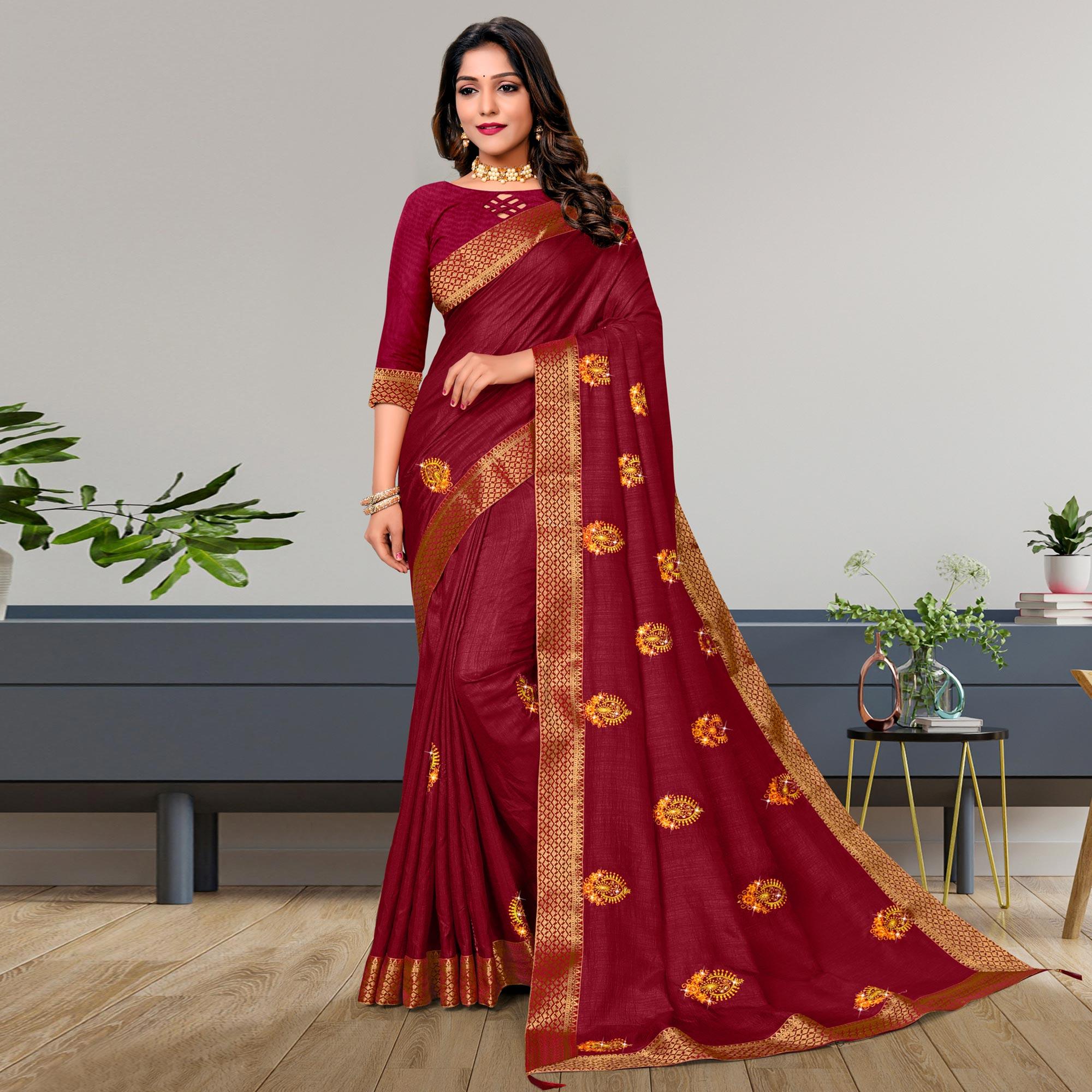 Maroon Embroidered Vichitra Silk Saree - Peachmode