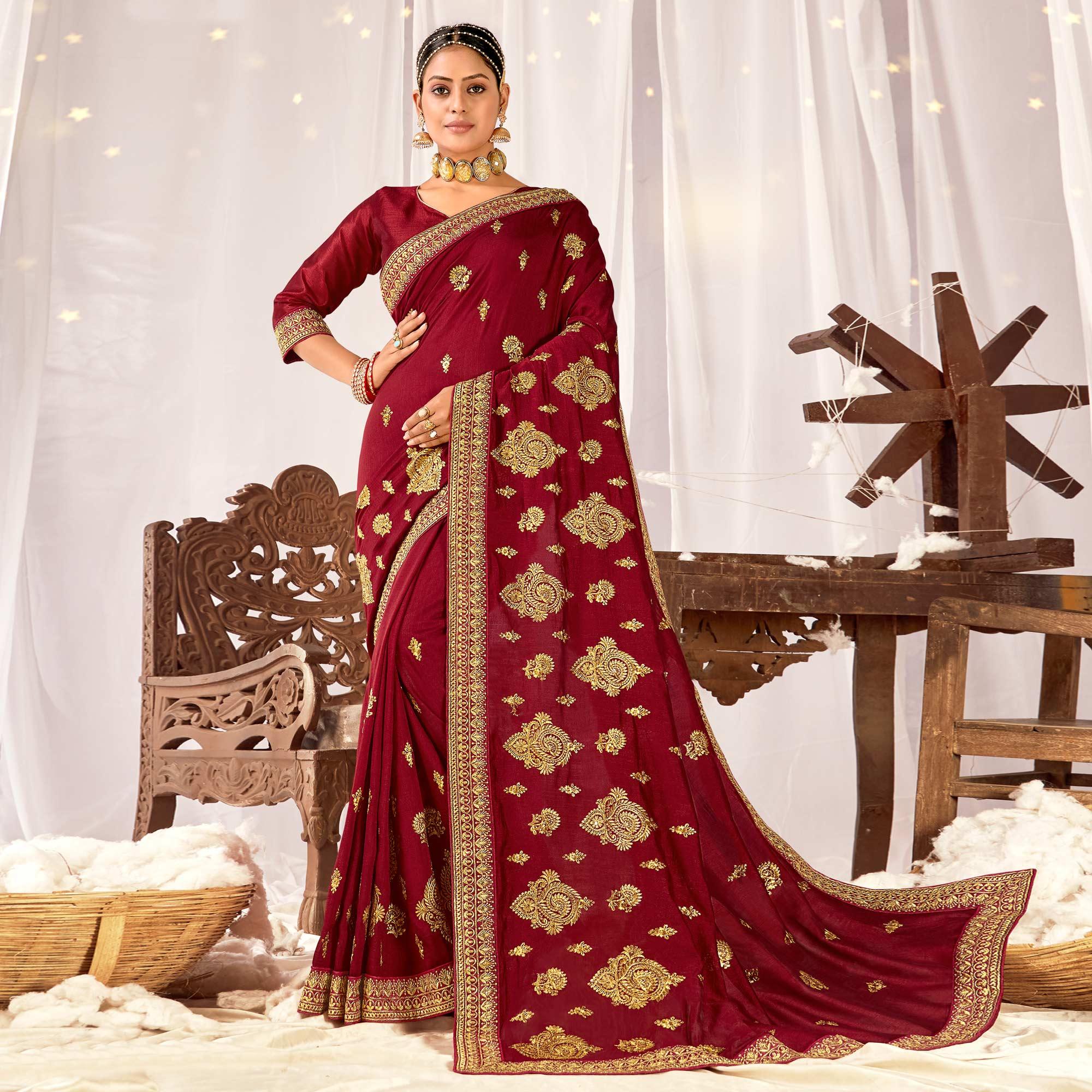 Maroon Embroidered Vichitra Silk Saree - Peachmode