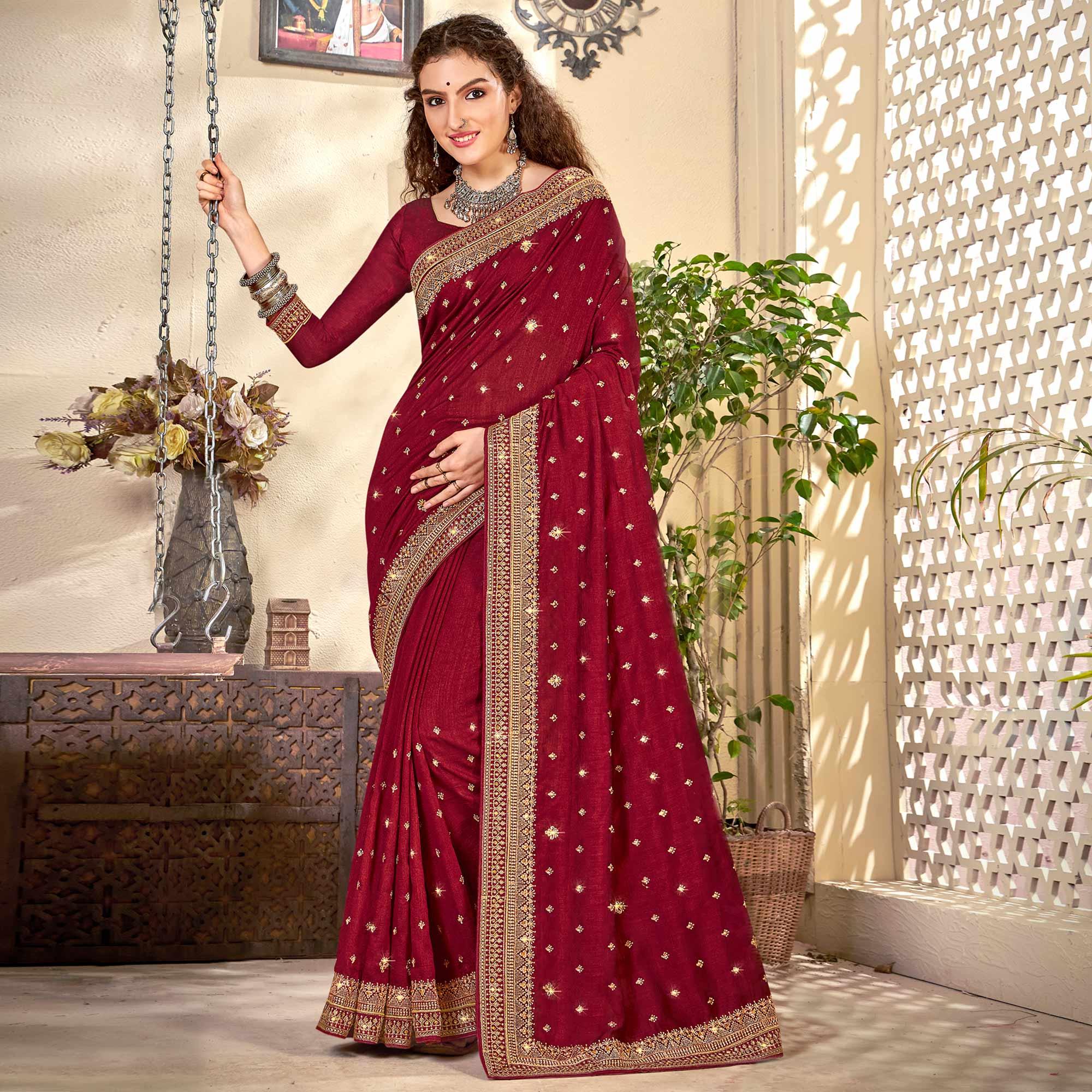 Maroon Embroidered Vichitra Silk Saree - Peachmode