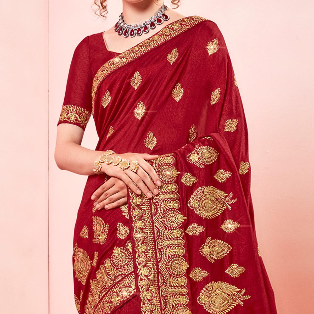 Maroon Embroidered Vichitra Silk Saree - Peachmode
