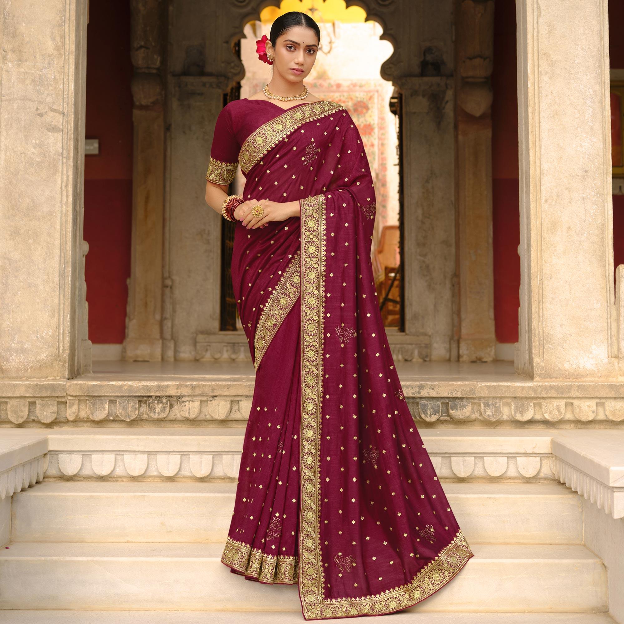 Maroon Embroidered Vichitra Silk Saree - Peachmode