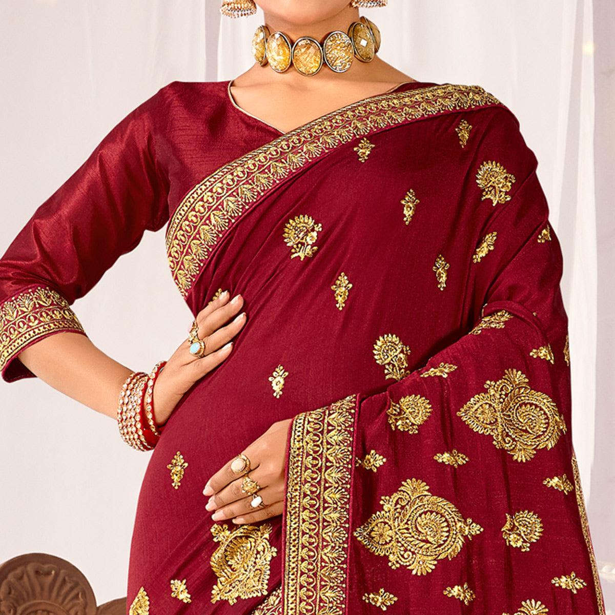 Maroon Embroidered Vichitra Silk Saree - Peachmode