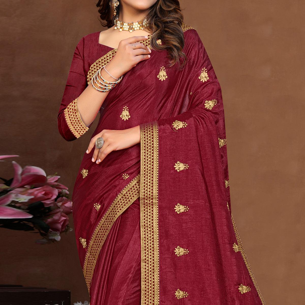 Maroon Embroidered Vichitra Silk Saree - Peachmode