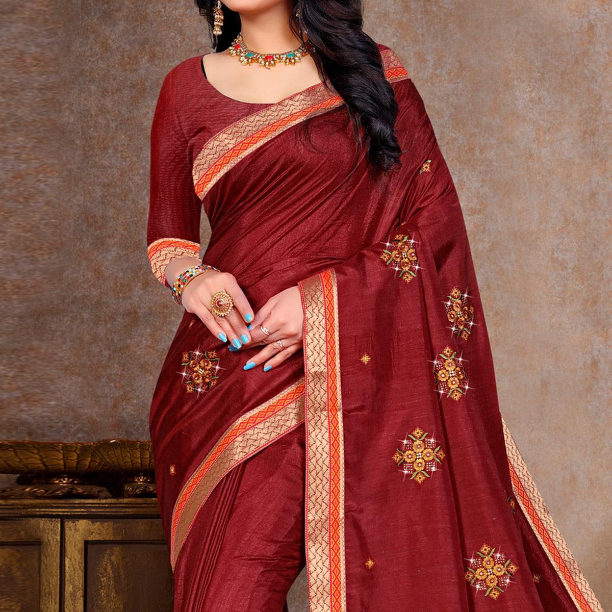 Maroon Embroidered Vichitra Silk Saree - Peachmode
