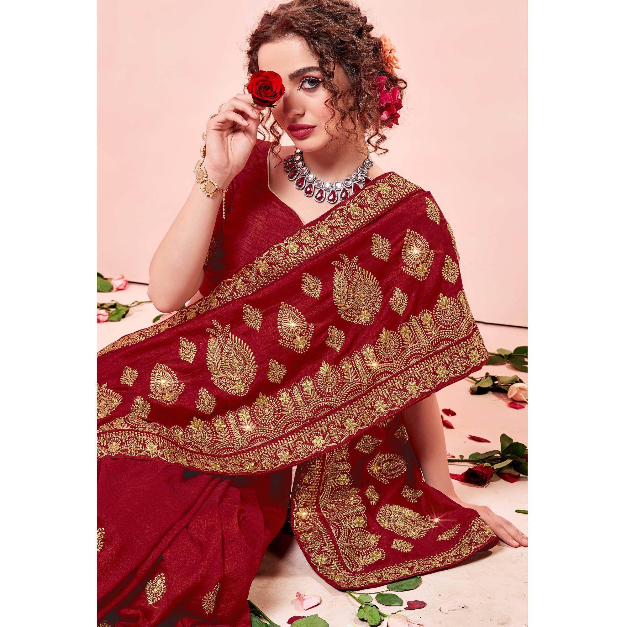 Maroon Embroidered Vichitra Silk Saree - Peachmode