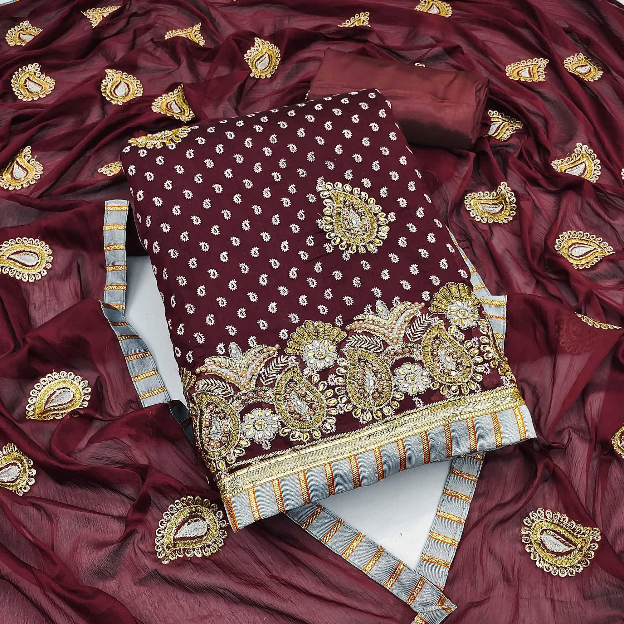 Maroon Embroidered With Embellished Chanderi Dress Material - Peachmode