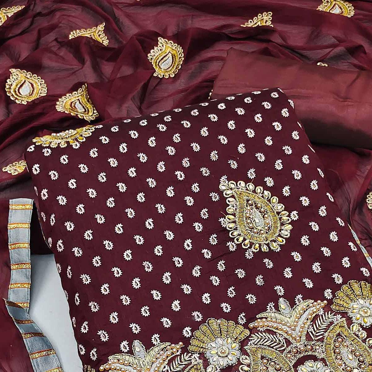 Maroon Embroidered With Embellished Chanderi Dress Material - Peachmode