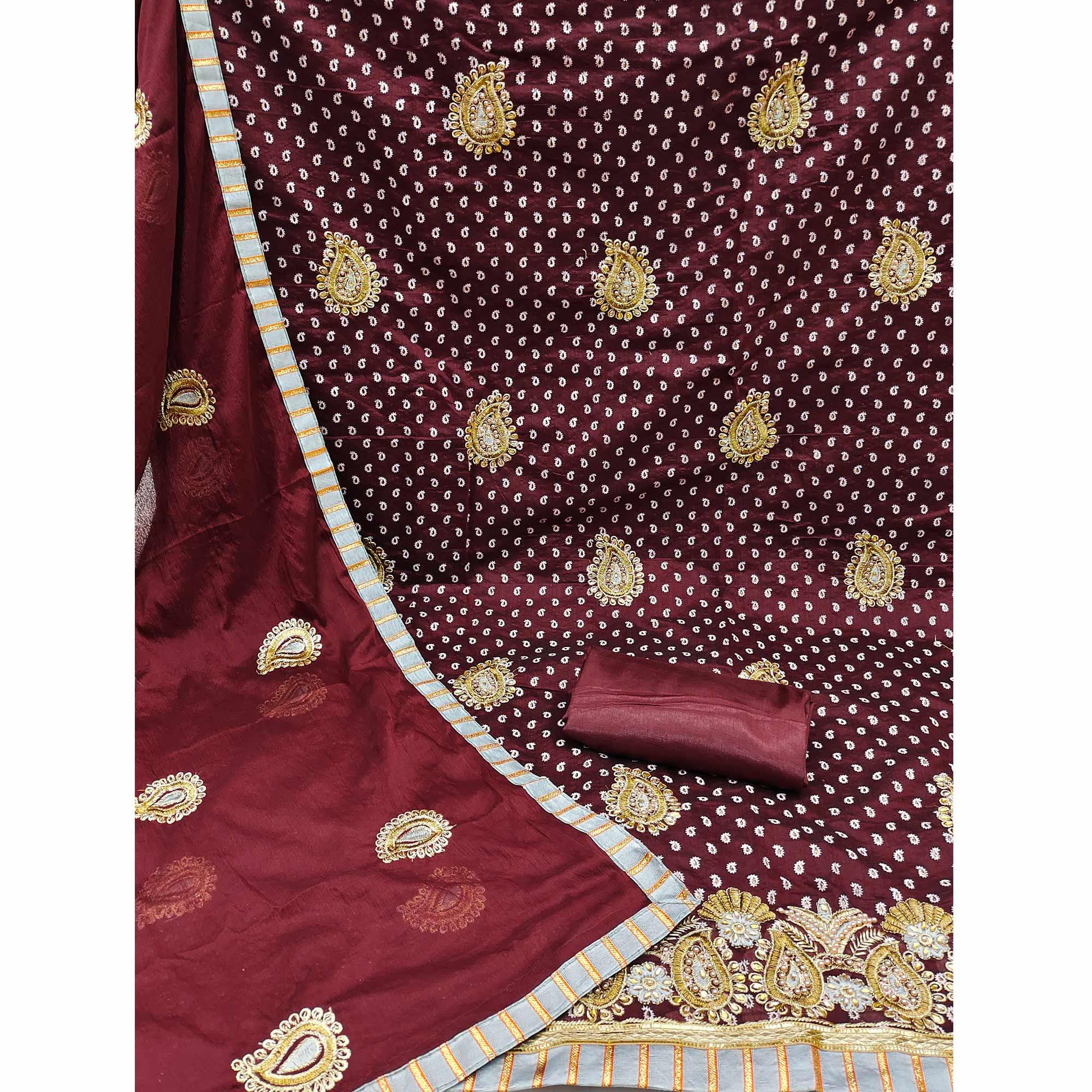 Maroon Embroidered With Embellished Chanderi Dress Material - Peachmode