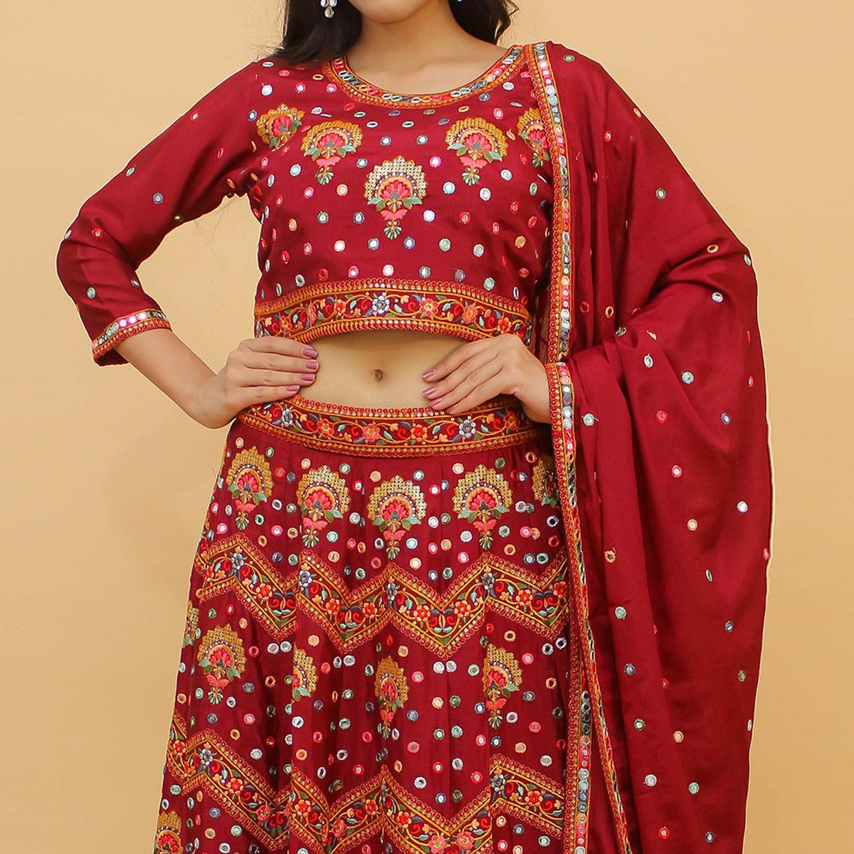 Maroon Embroidered With Embellished Chiffon Lehenga Choli - Peachmode