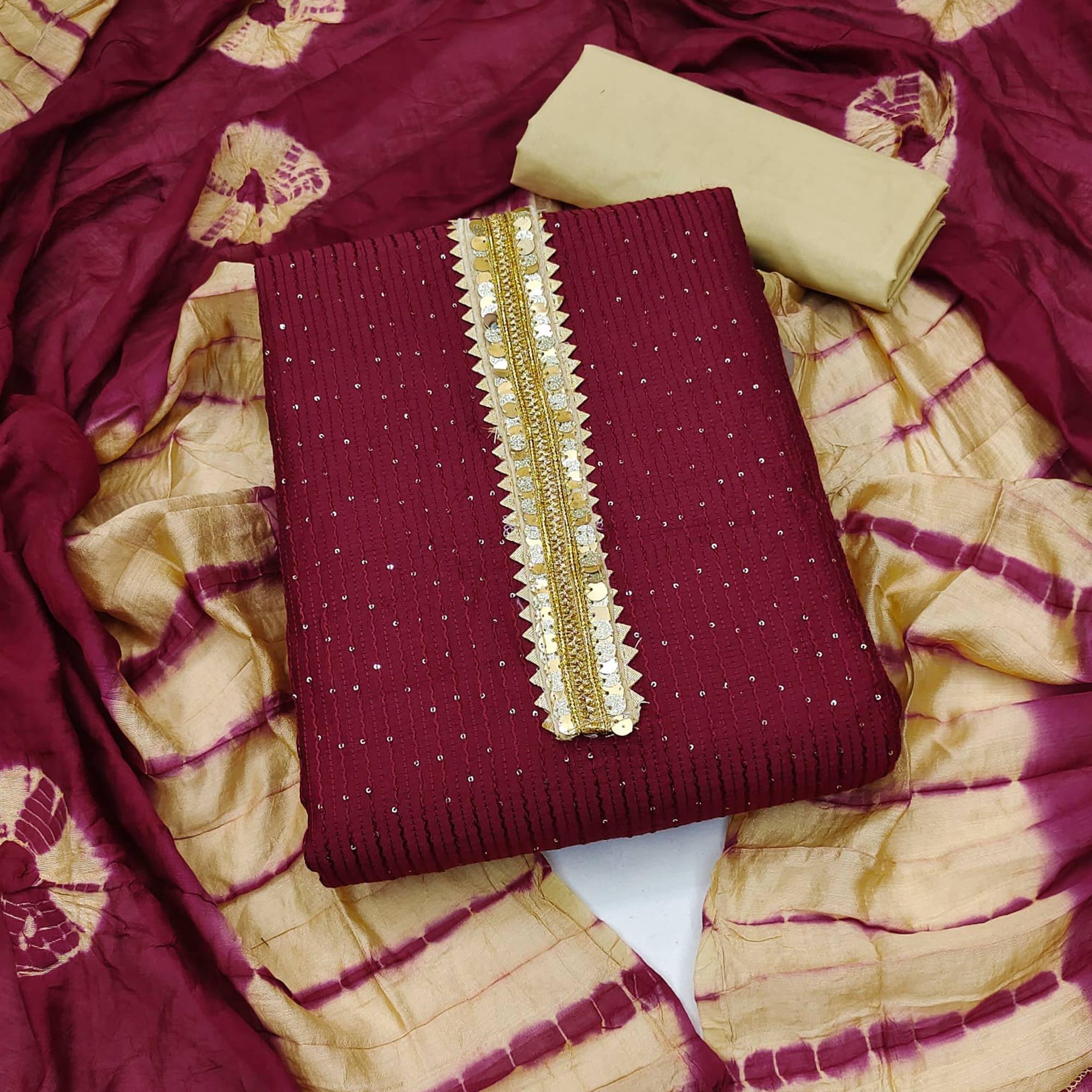 Maroon Embroidered With Embellished Cotton Blend Dress Material - Peachmode