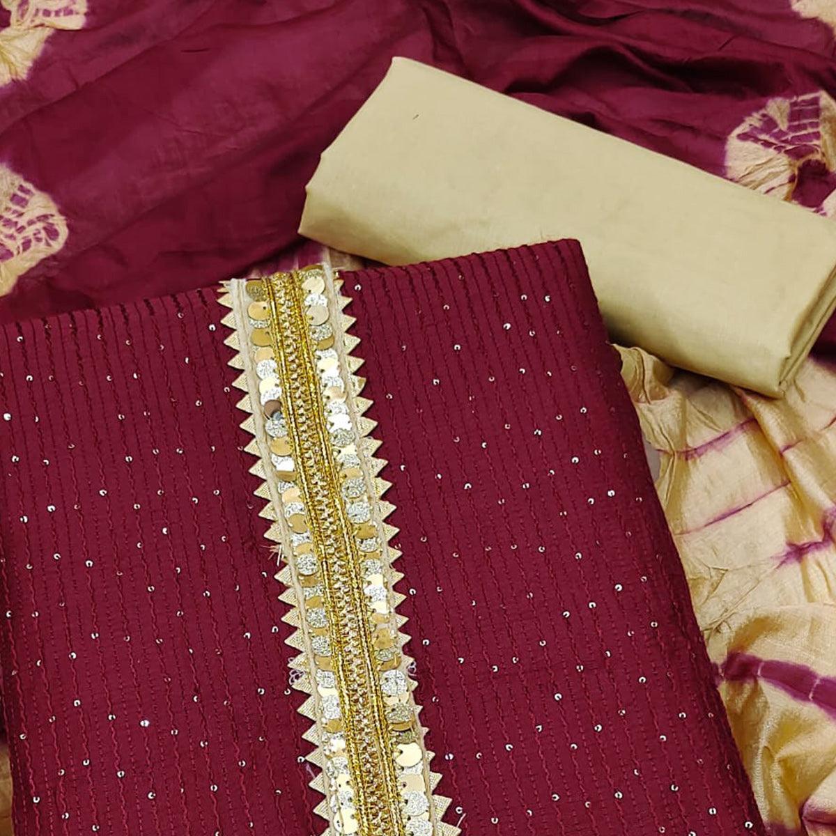 Maroon Embroidered With Embellished Cotton Blend Dress Material - Peachmode