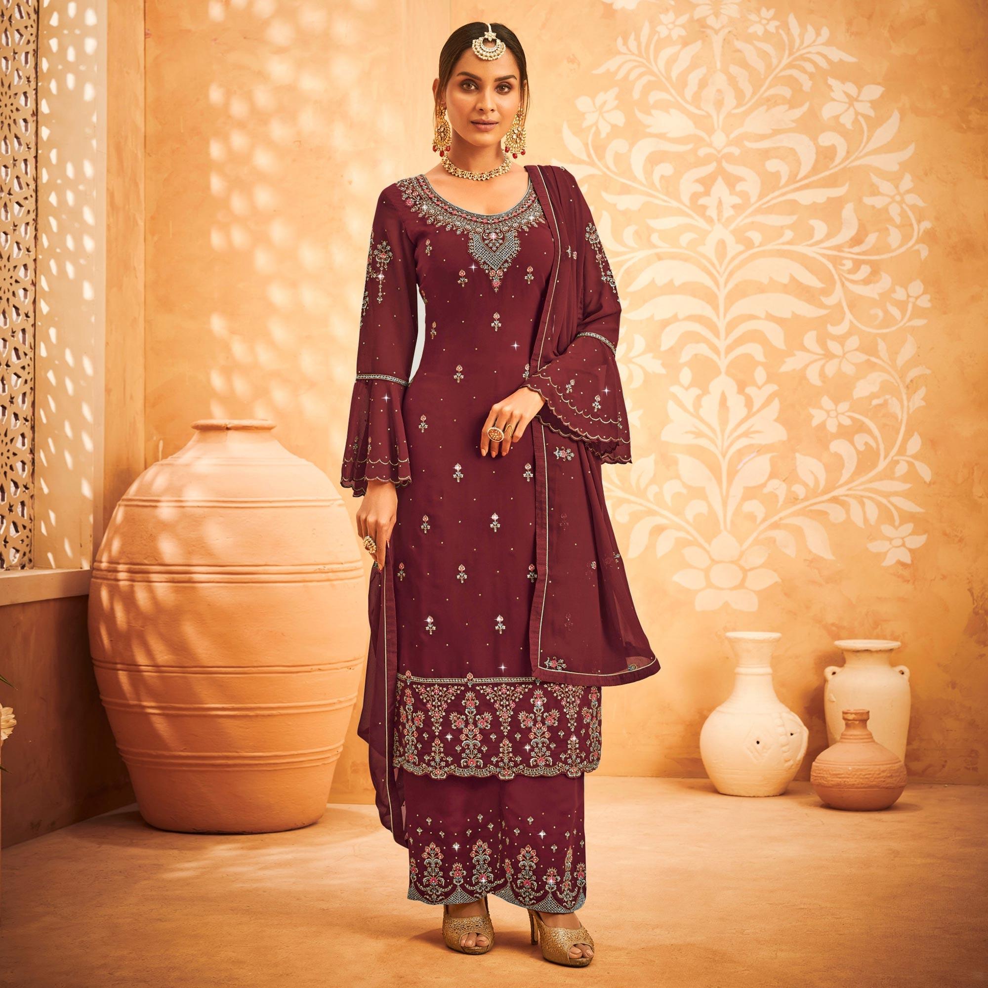Maroon Embroidered With Embellished Georgette Palazzo Suit - Peachmode