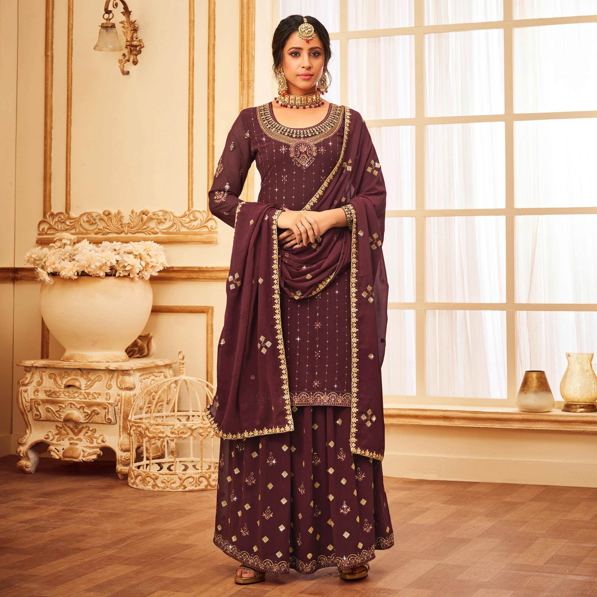 Maroon Embroidered With Embellished Georgette Palazzo Suit - Peachmode