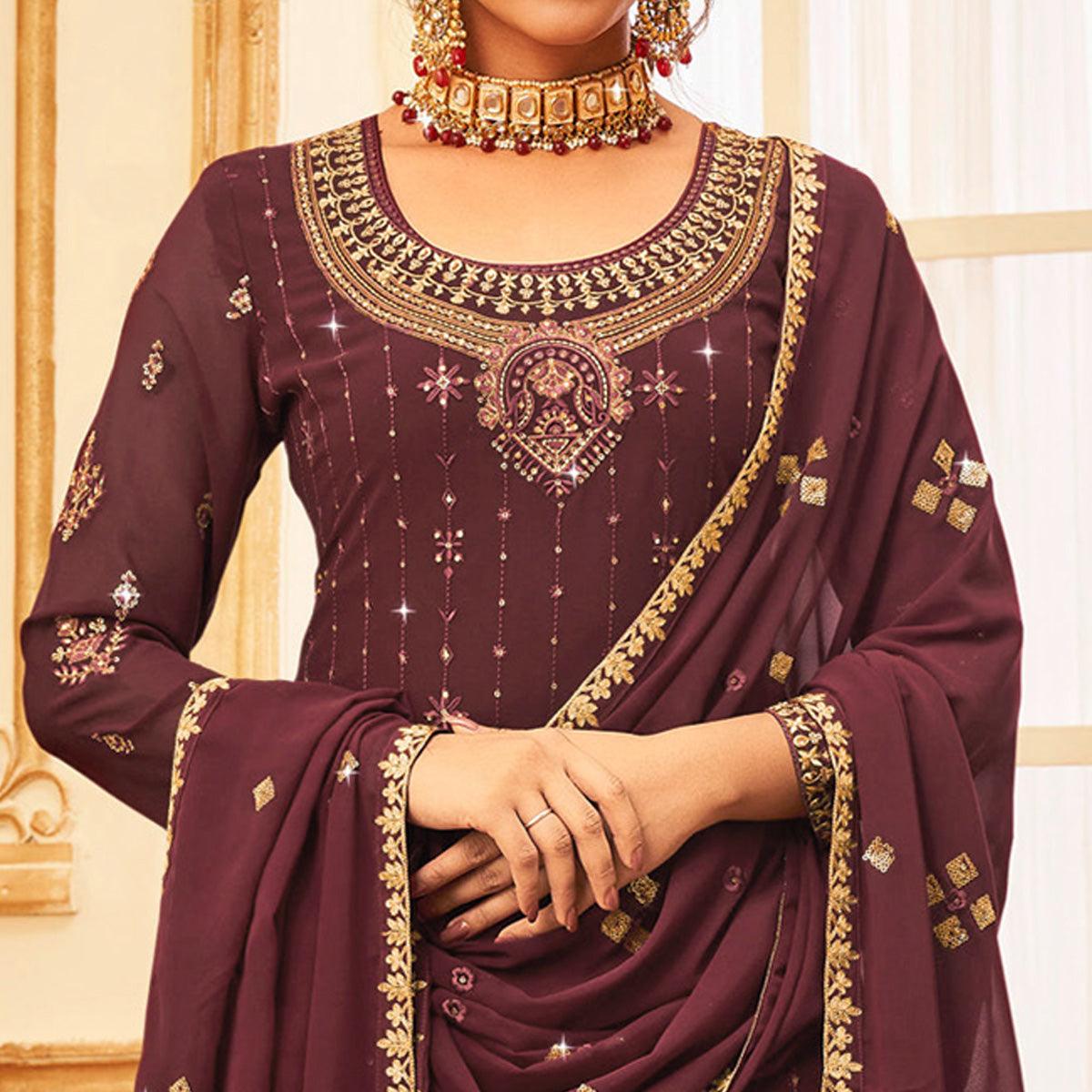 Maroon Embroidered With Embellished Georgette Palazzo Suit - Peachmode