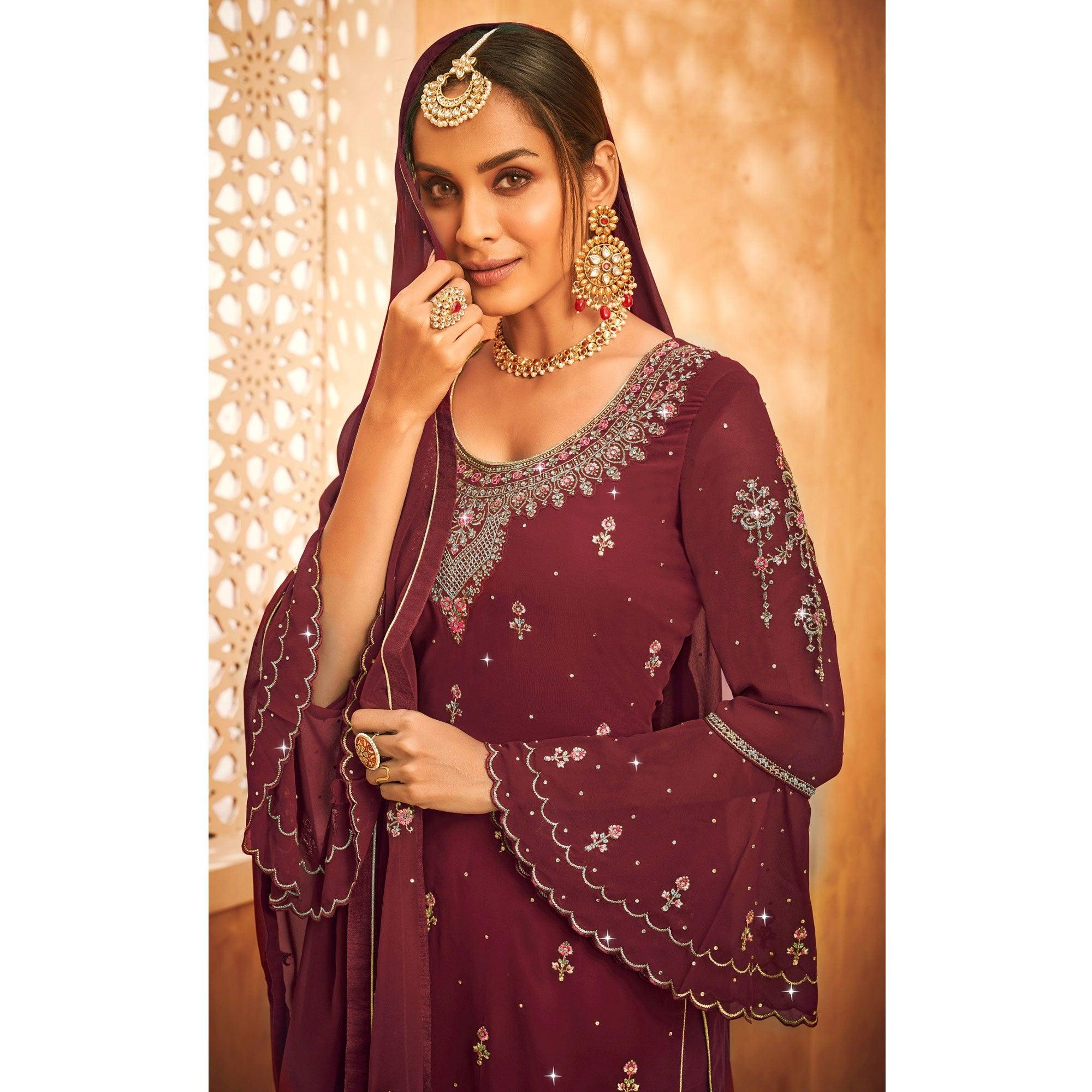 Maroon Embroidered With Embellished Georgette Palazzo Suit - Peachmode
